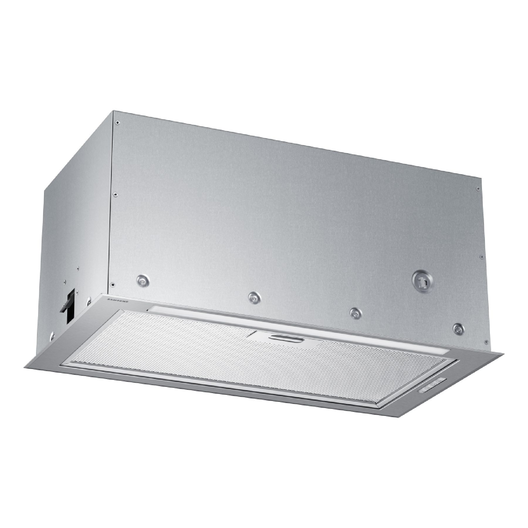 Una campana extractora integrada de plata con un filtro de malla metálica e iluminación LED sobre fondo blanco.