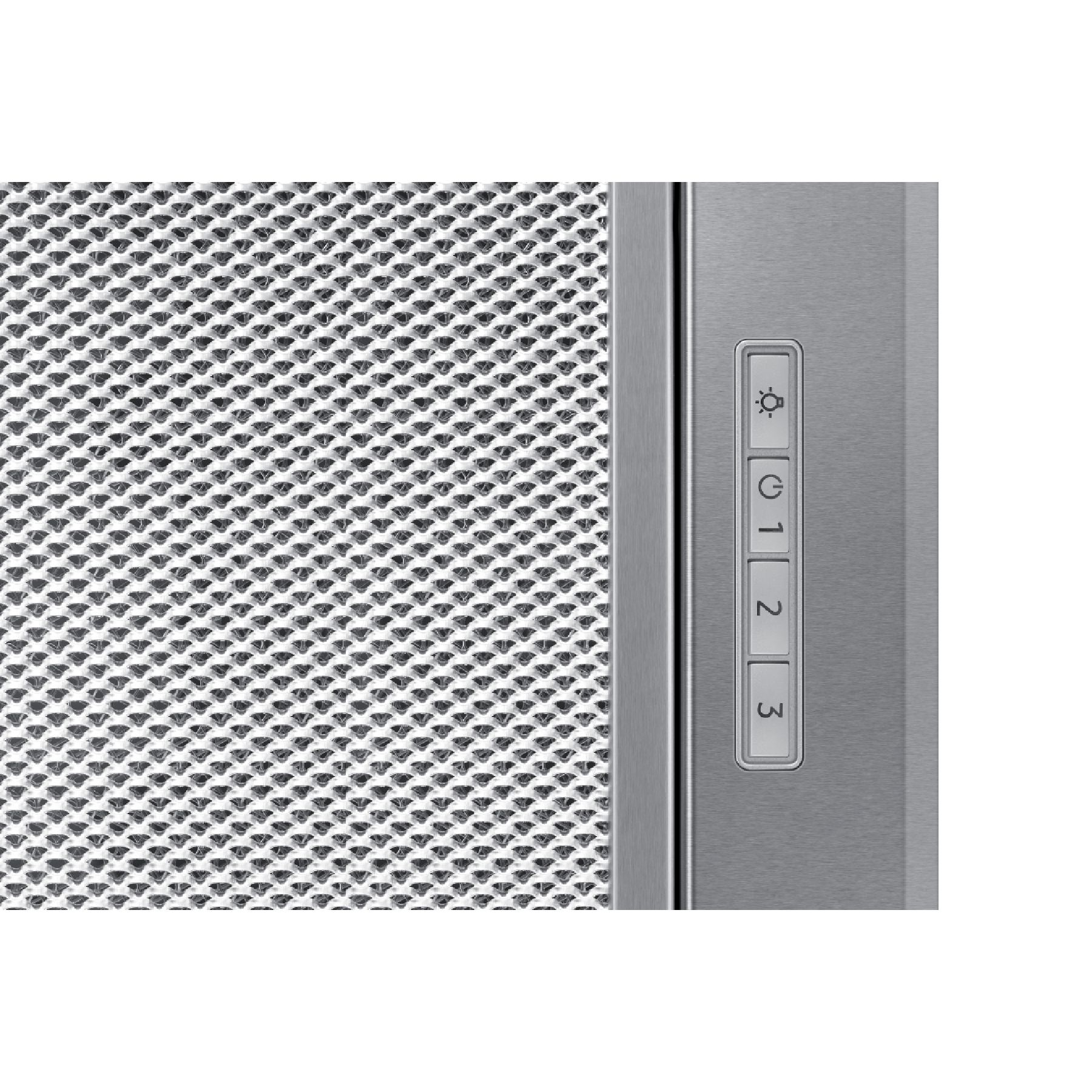 Campana extractora de acero inoxidable con filtro de metal perforado y panel de control vertical con velocidad e iconos de luz.
