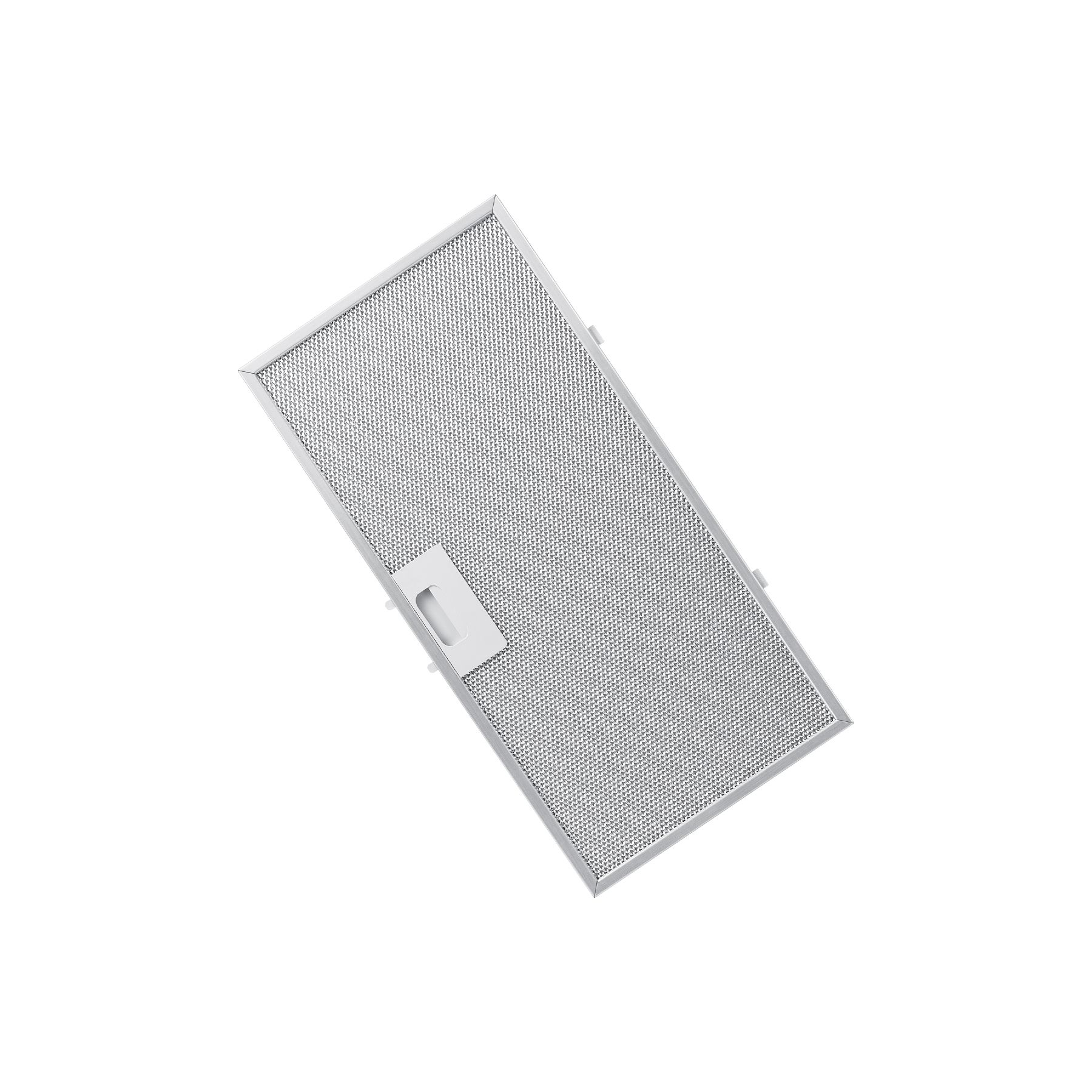 Un filtro de grasa metálico rectangular y plateado para campana extractora con asa integrada sobre fondo blanco.