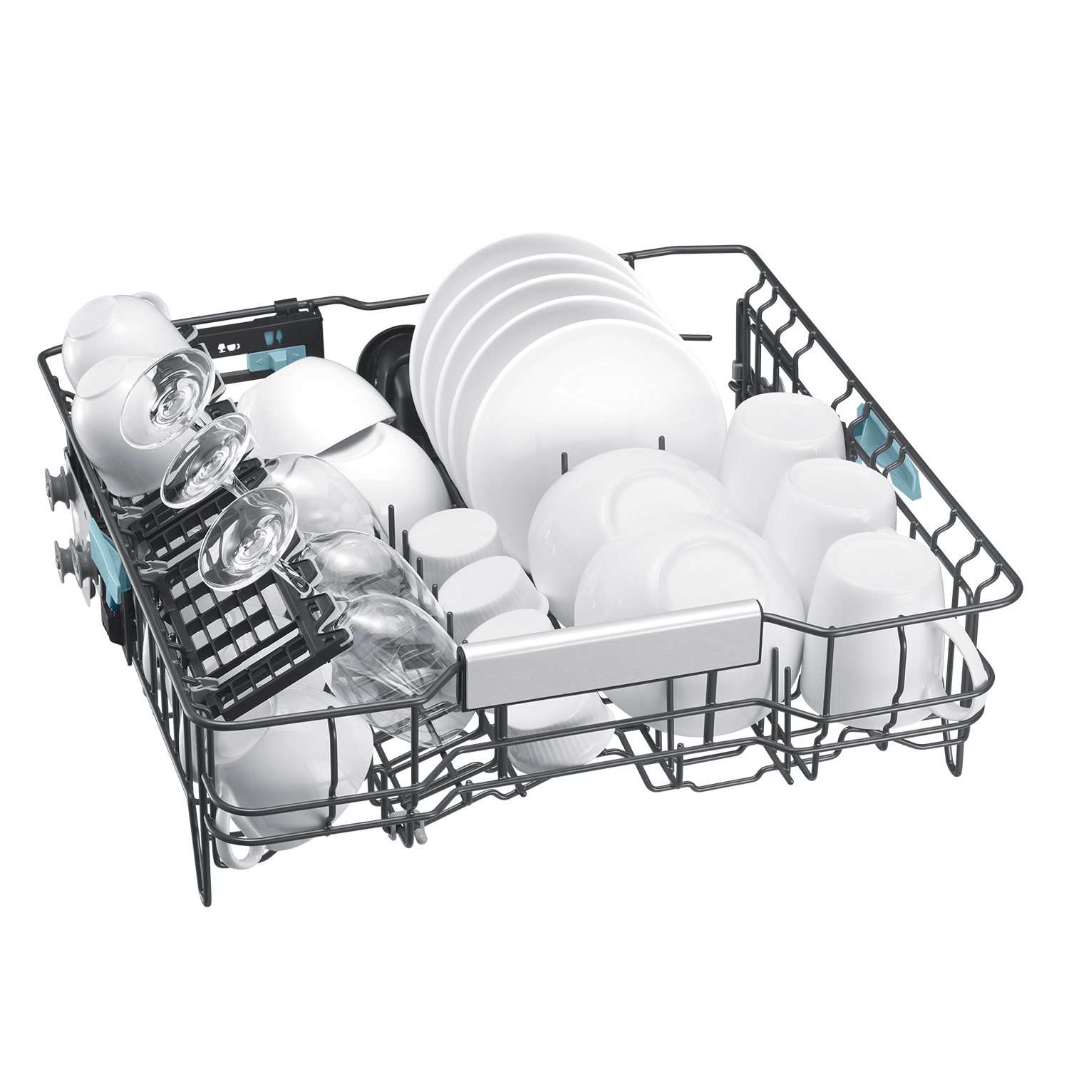 Una rejilla de lavavajillas organizada con platos blancos, cuencos, tazas y copas de vino.