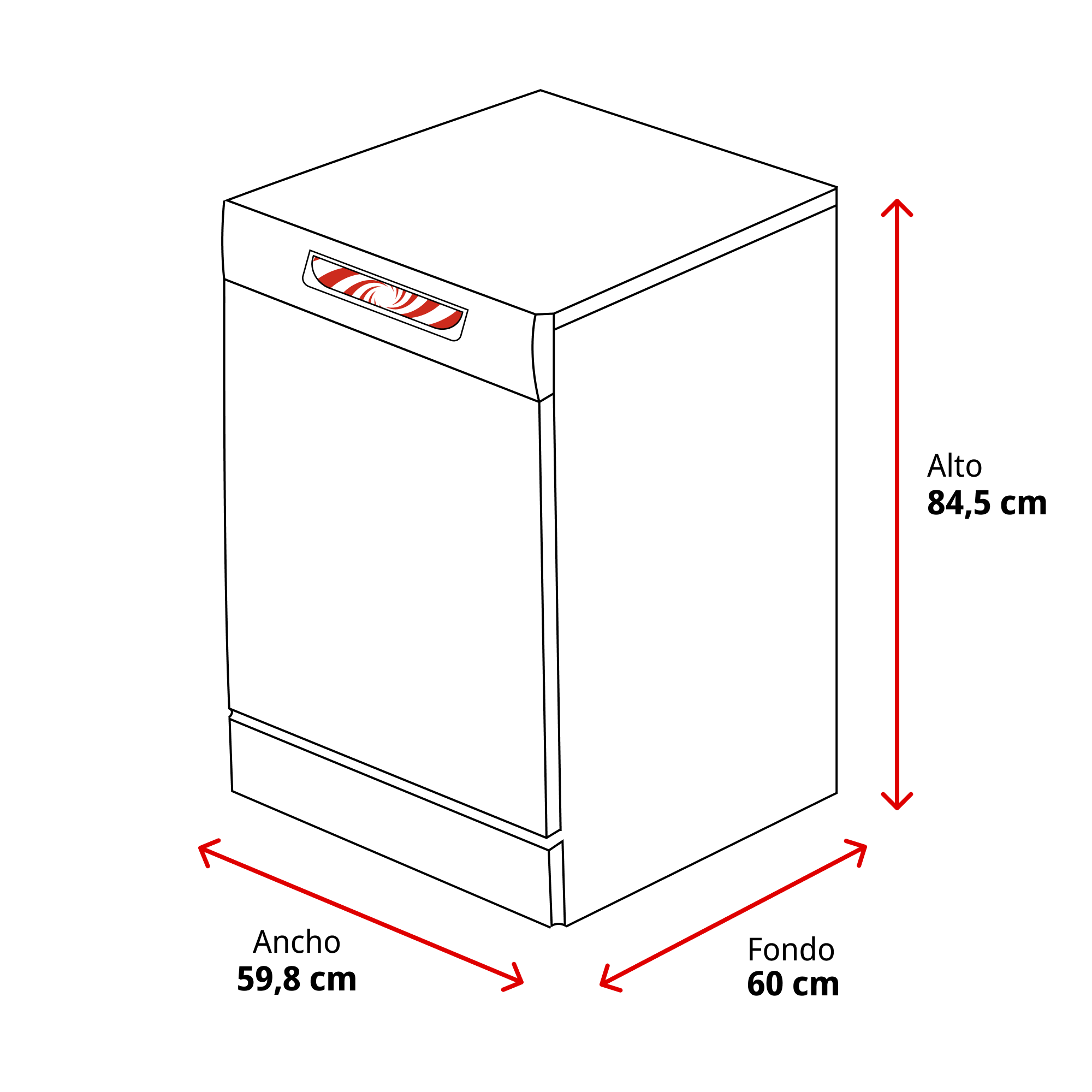 Dibujo lineal de un lavavajillas con dimensiones: alto 84,5 cm, ancho 59,8 cm, fondo 60 cm.
