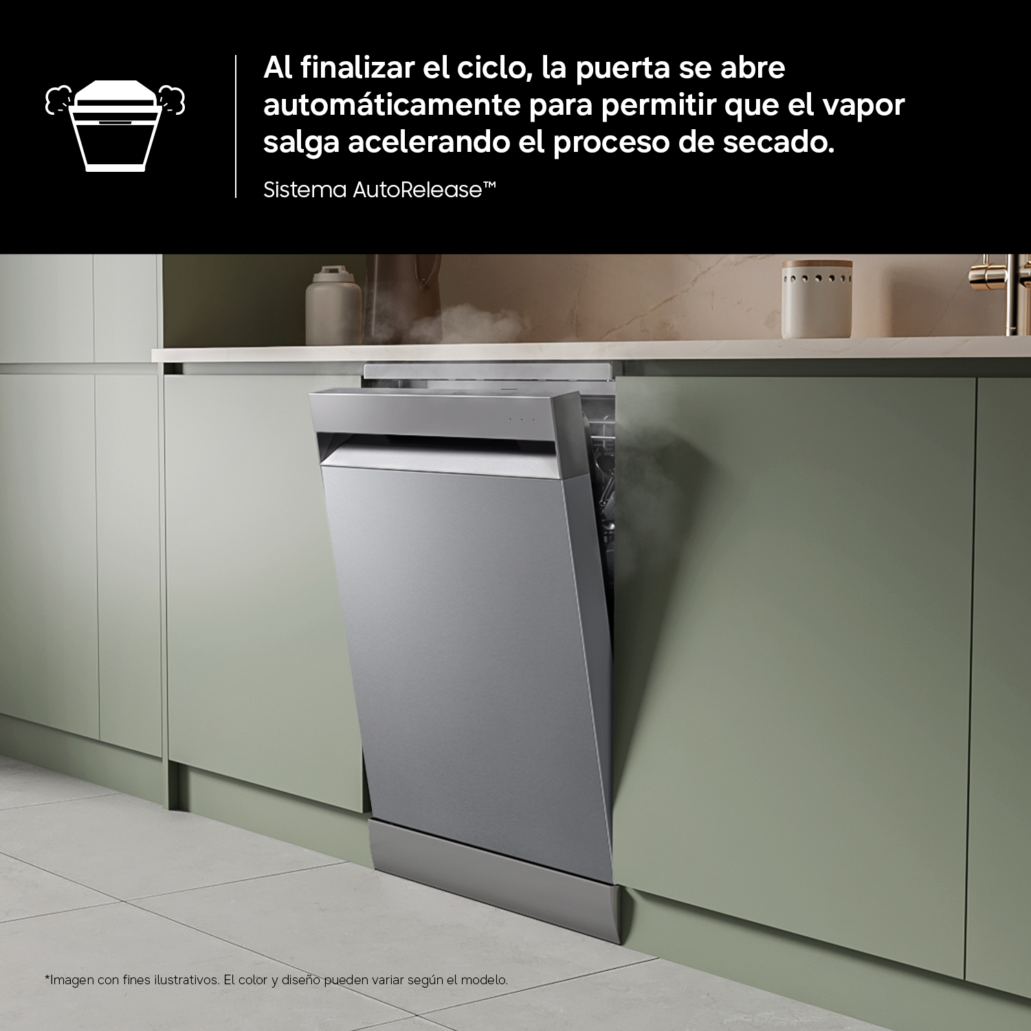 Un lavavajillas plateado en muebles de cocina verdes se abre automáticamente para liberar vapor.