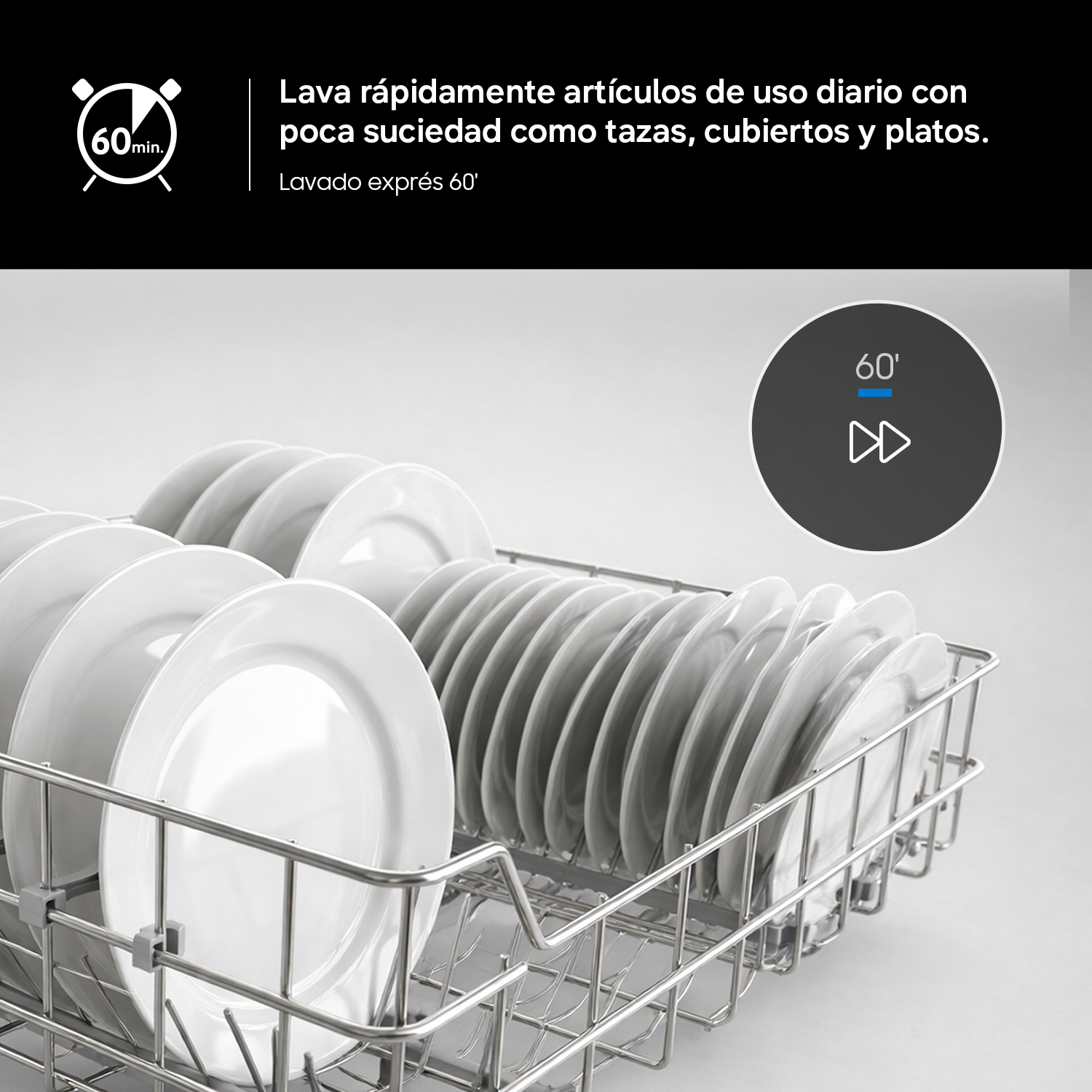 Cestillo de lavavajillas lleno de platos blancos con un icono de 60 minutos.