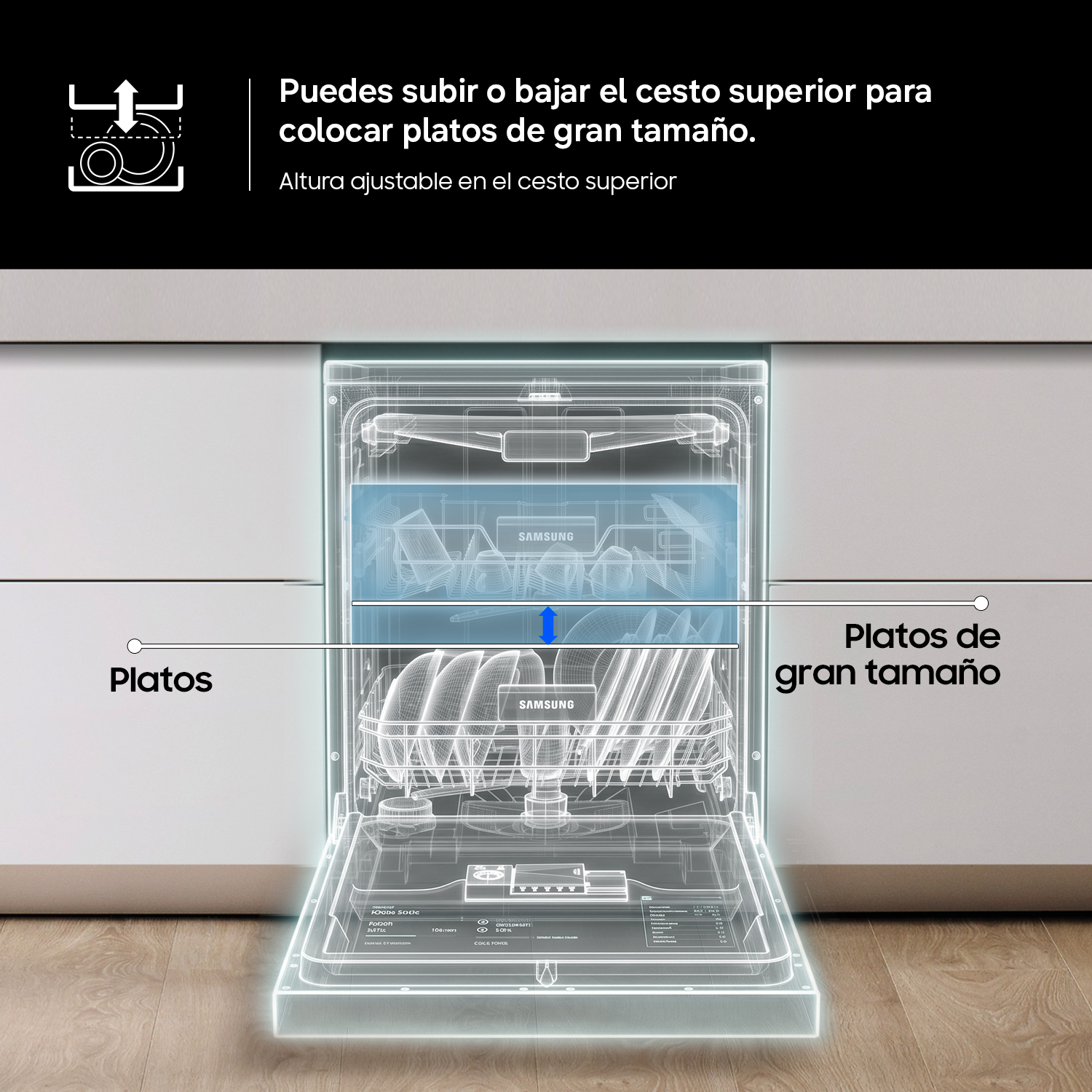 Diagrama de un lavavajillas con cesto superior ajustable para platos grandes.