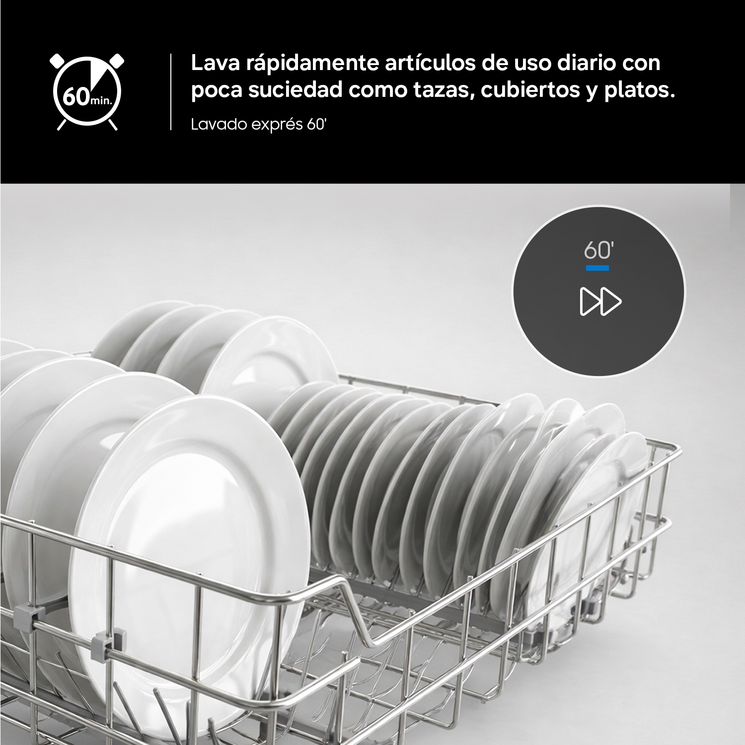 Cesto de lavavajillas lleno de platos blancos limpios, con un icono de 60 minutos arriba.