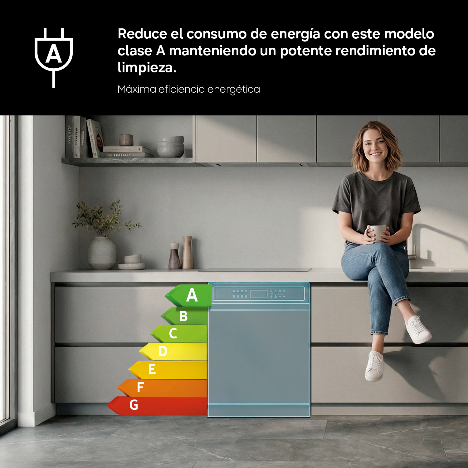 Una mujer en la encimera de una cocina junto a un lavavajillas con etiqueta de eficiencia energética A.