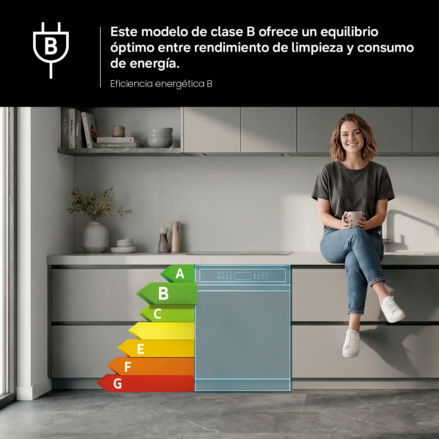 Una mujer está sentada en la encimera junto a un lavavajillas de eficiencia energética B.