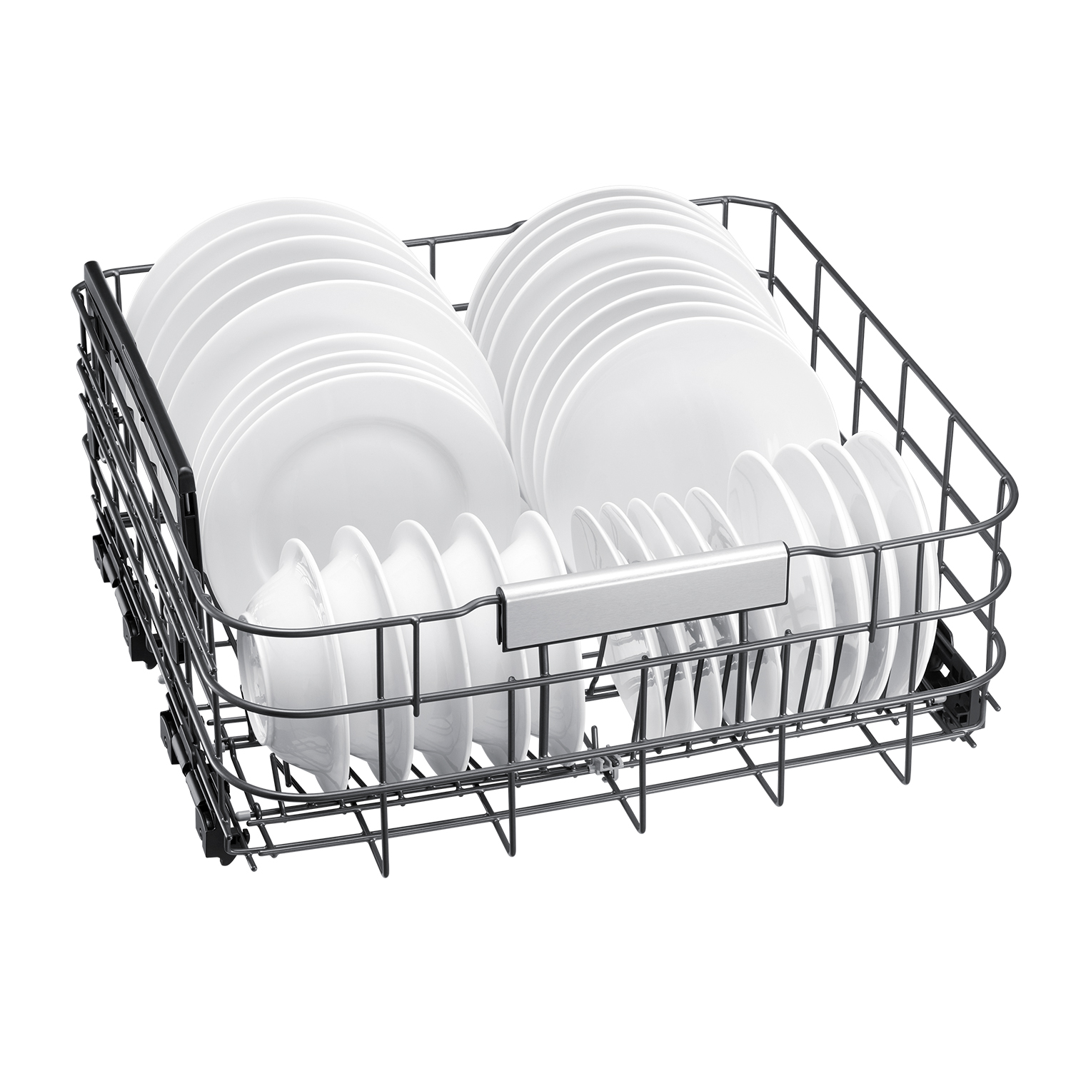 Cesta de lavavajillas abierta llena de platos y cuencos blancos sobre fondo blanco.