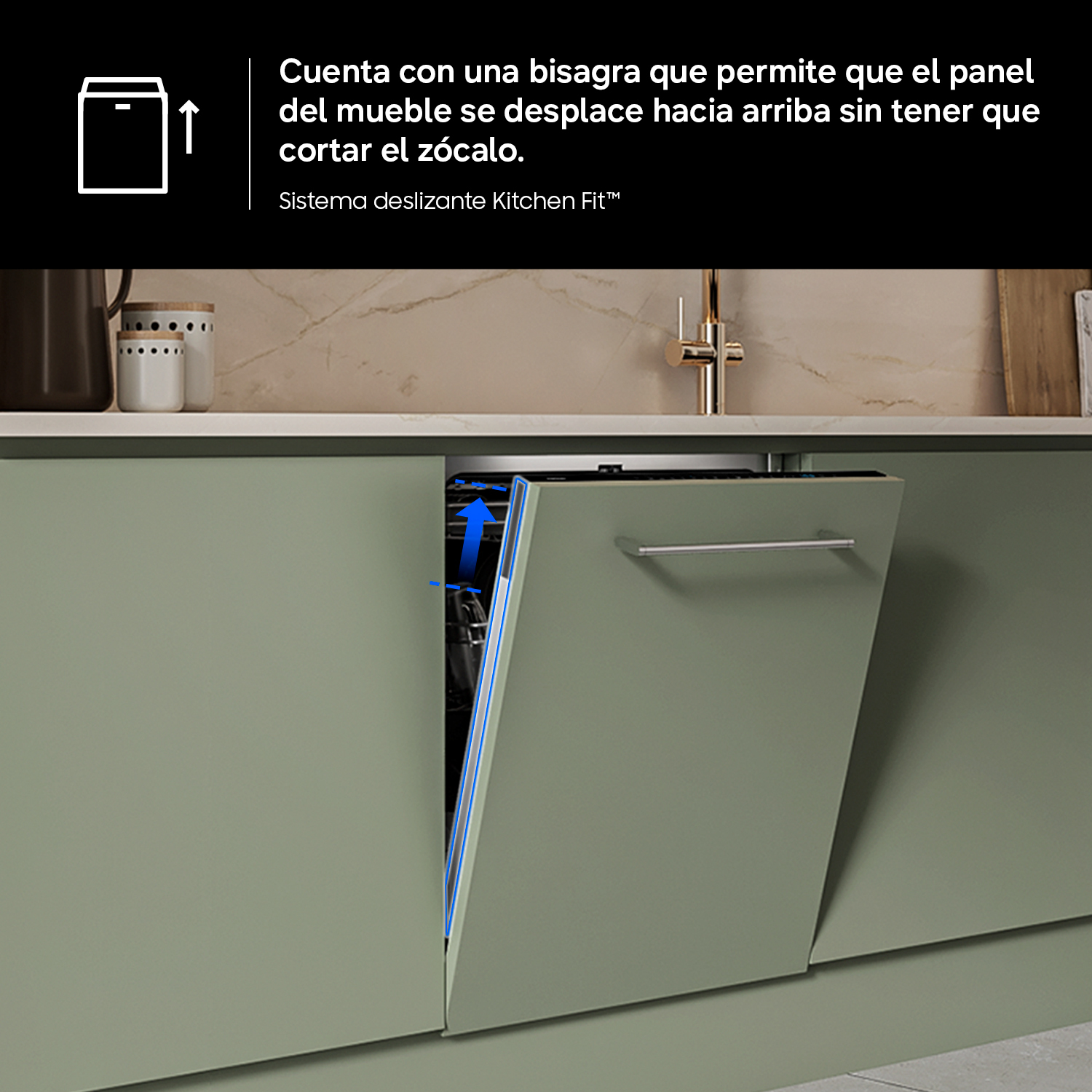 Lavavajillas integrado con bisagra especial que permite deslizar el panel del mueble hacia arriba.