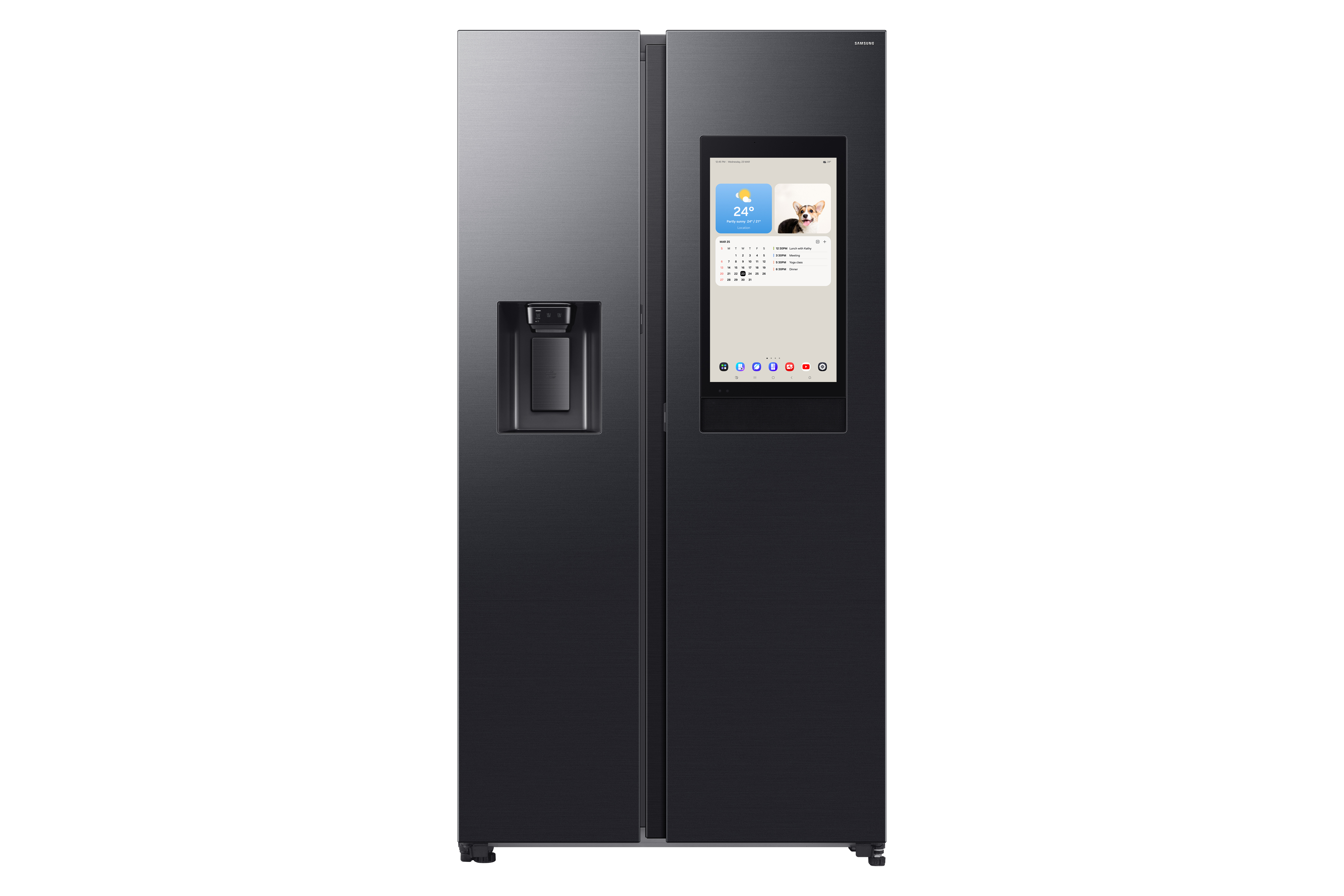 Moderna nevera Samsung negra de dos puertas con pantalla táctil y dispensador de agua.