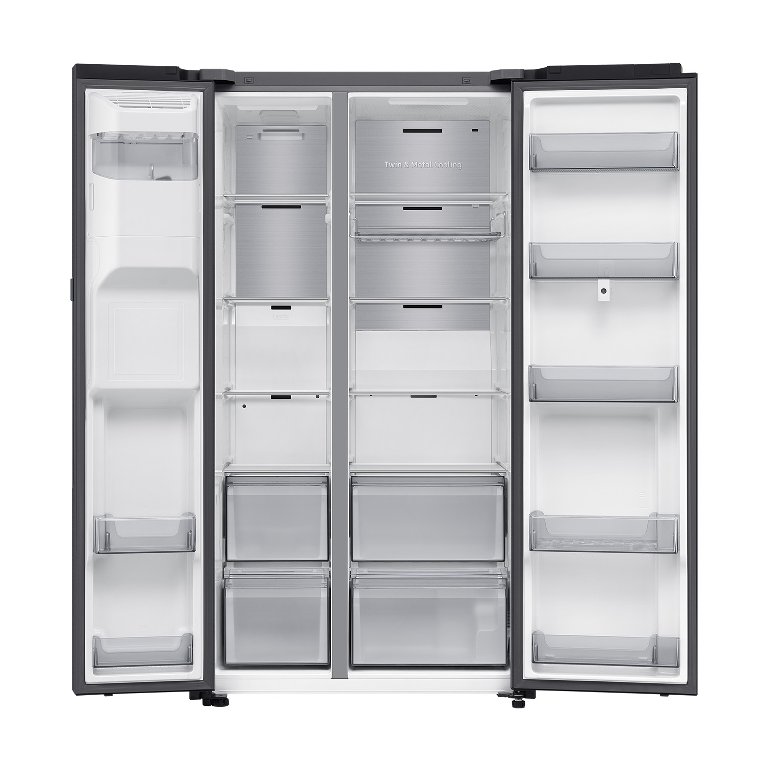 Un refrigerador abierto tipo side-by-side con estantes de vidrio vacíos y cajones.