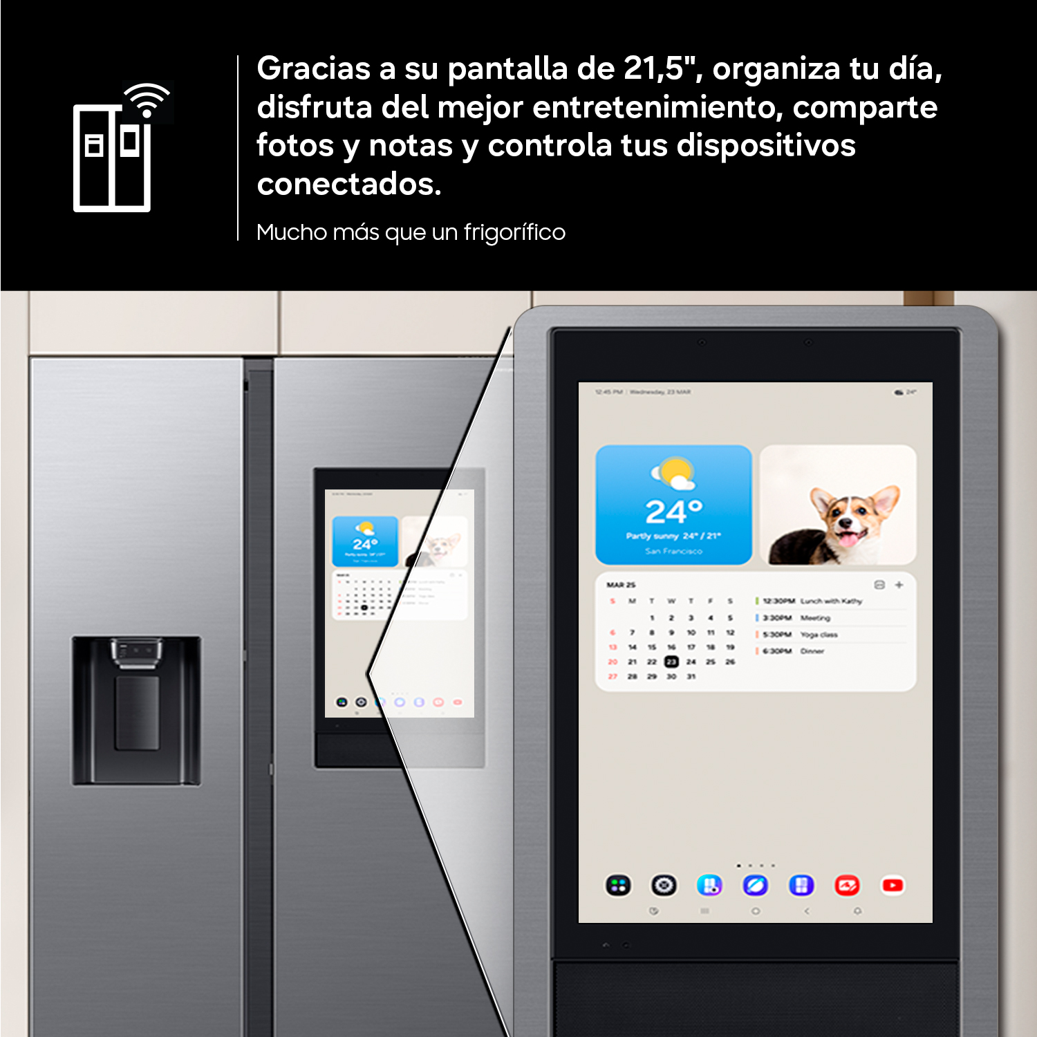 Frigorífico inteligente con pantalla táctil grande que muestra clima, calendario y fotos.