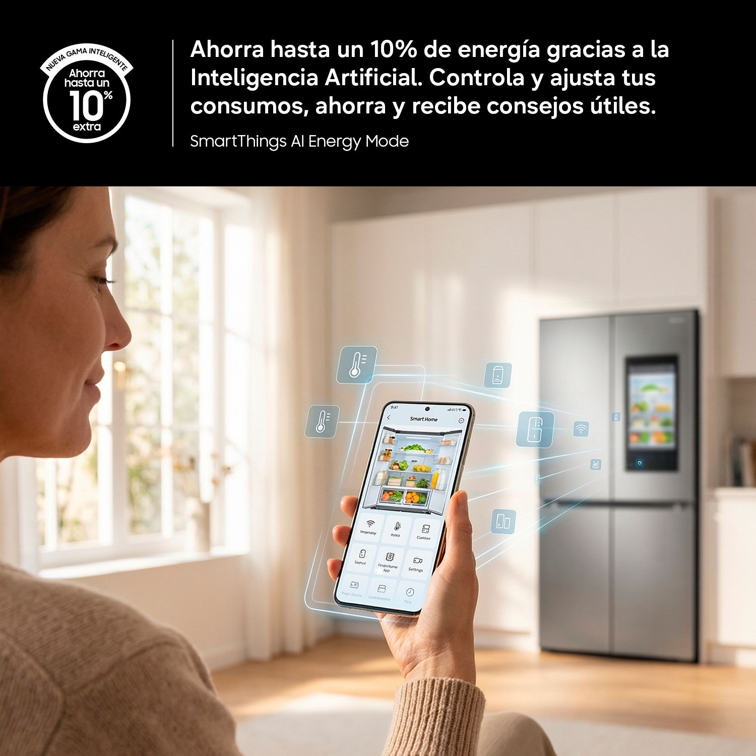 Una mujer usa una app en su smartphone para controlar un refrigerador inteligente en una cocina moderna.