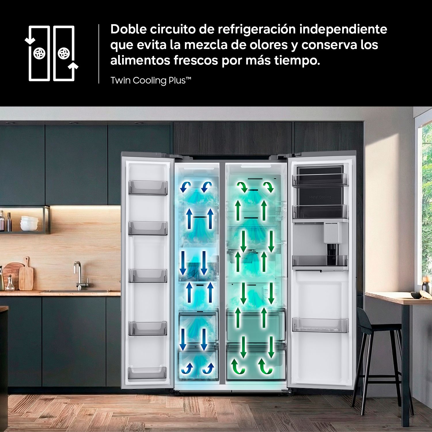 Doble circuito de refrigeración evita mezcla de olores y conserva alimentos frescos en cocina.