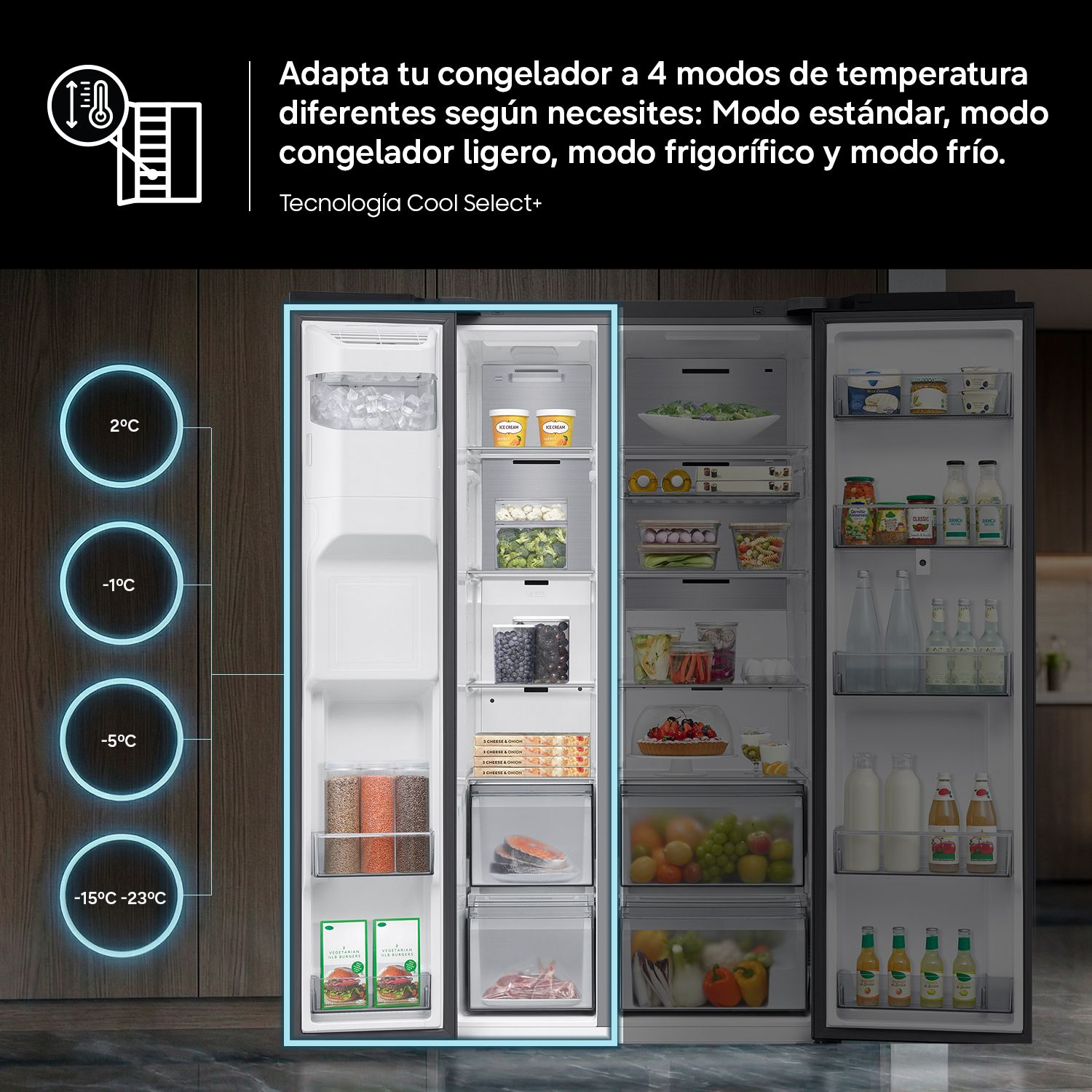 Frigorífico abierto con cuatro modos de temperatura y compartimentos.