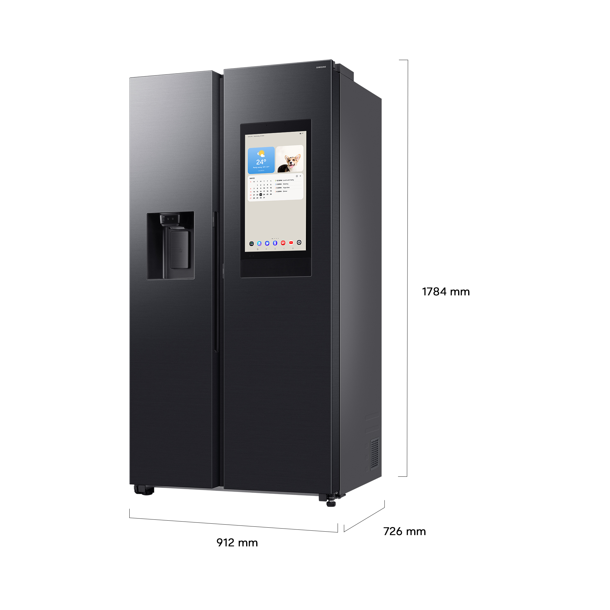 Refrigerador negro de dos puertas con pantalla táctil, dispensador de agua y medidas.