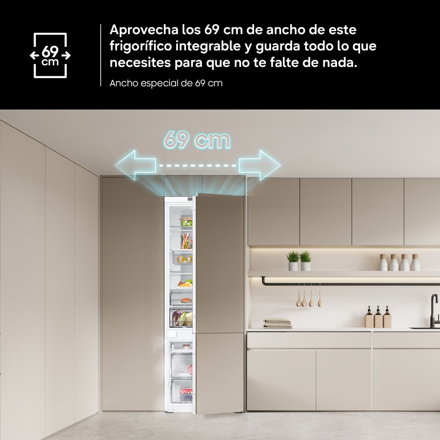 Frigorífico integrable de 69 cm de ancho en cocina moderna con texto.