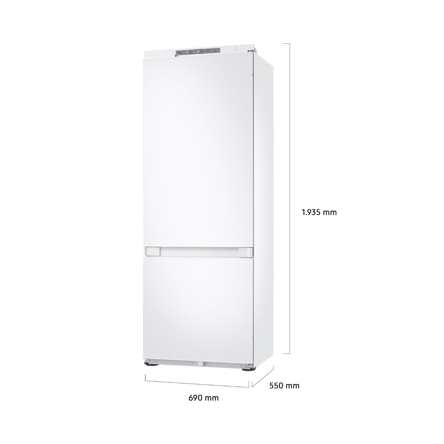 Dibujo técnico de un refrigerador empotrado blanco con dimensiones de 1.935 mm de alto, 690 mm de ancho y 550 mm de fondo.