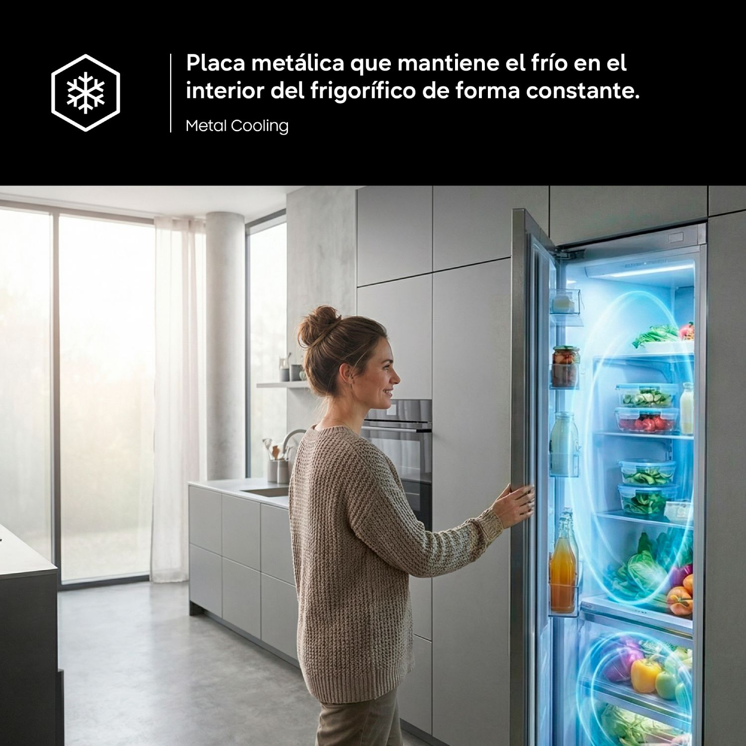 Mujer abre un frigorífico moderno con sistema Metal Cooling en cocina luminosa.
