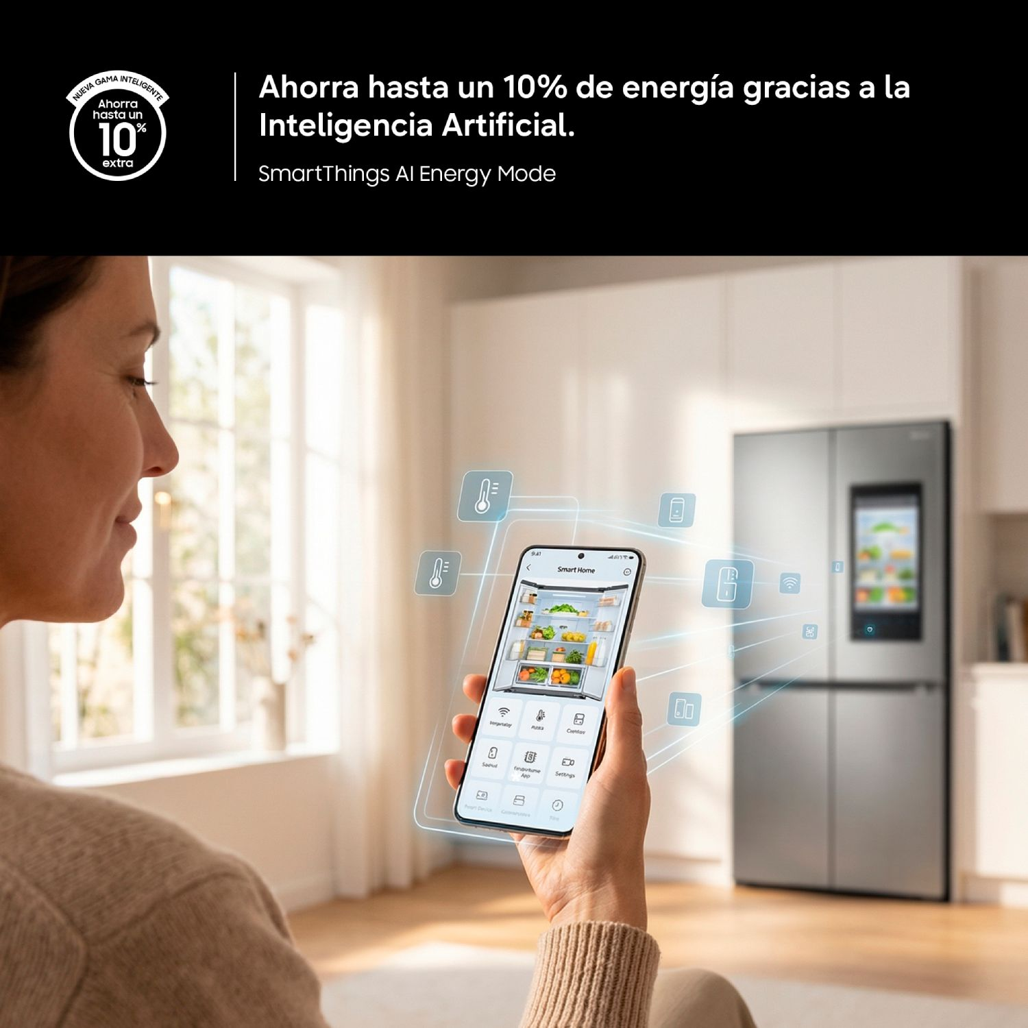 Una mujer controla un refrigerador inteligente usando una aplicación en su teléfono.