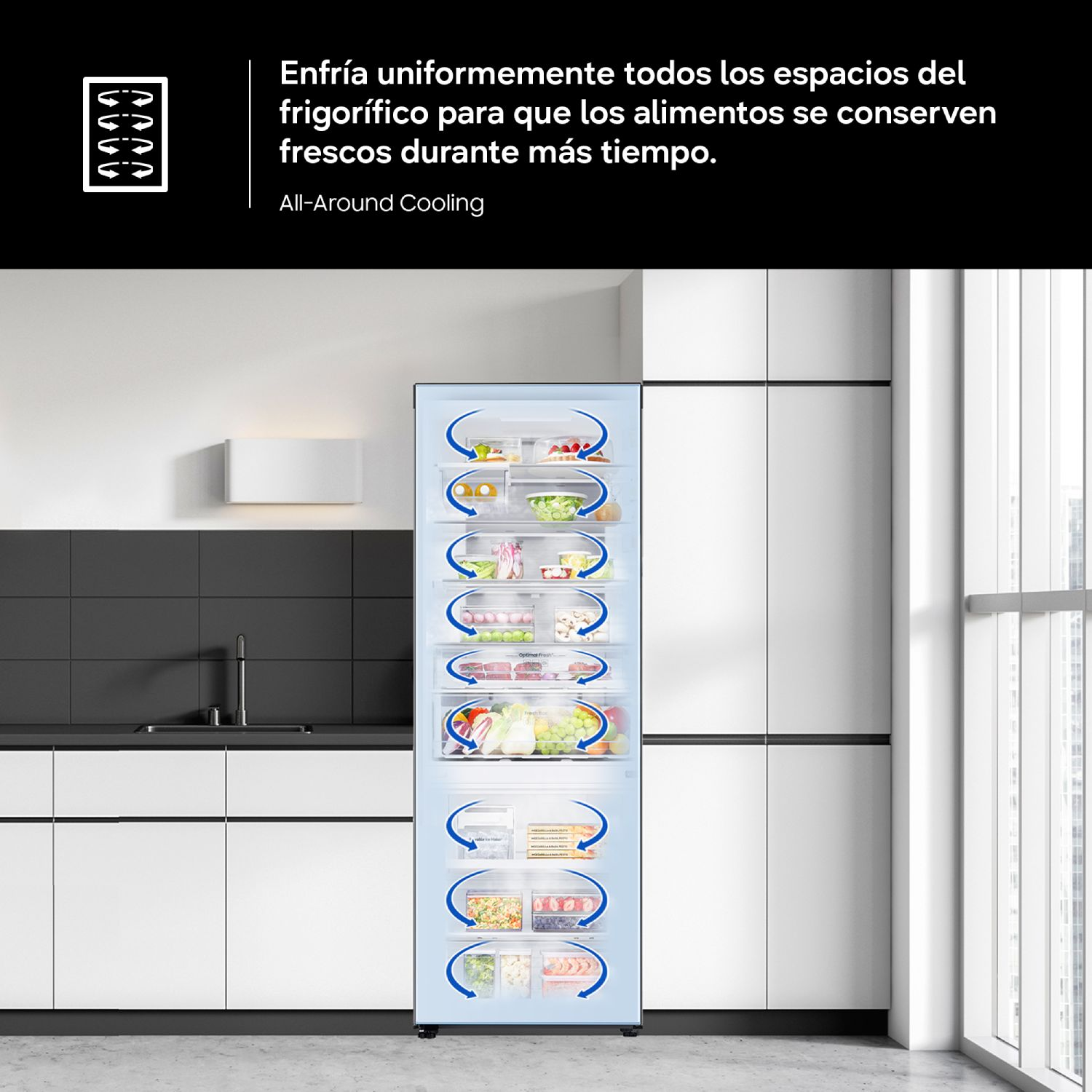 Cocina moderna con frigorífico empotrado mostrando flechas azules de flujo de aire para un enfriamiento uniforme.