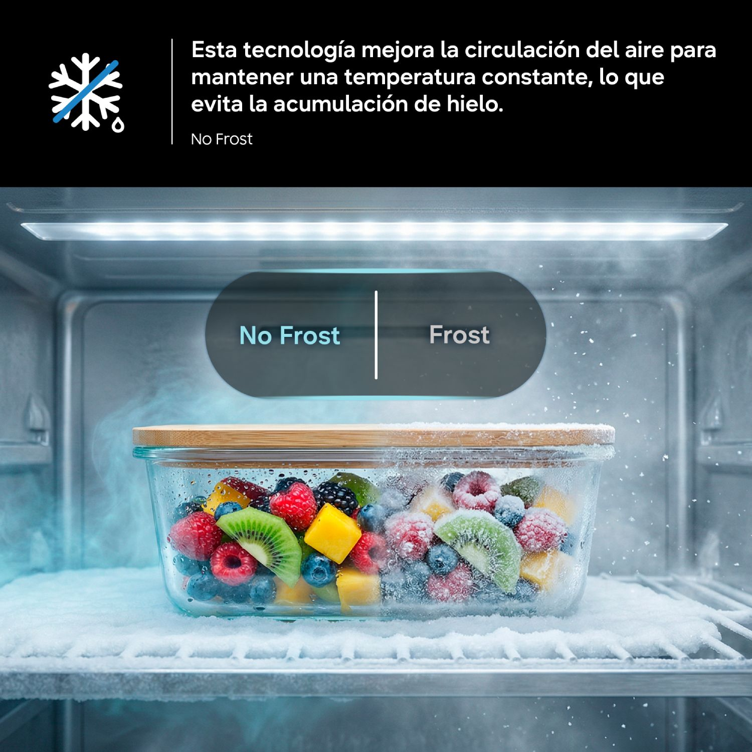 Comparación de tecnología No Frost: fruta fresca sin hielo a la izquierda y con escarcha a la derecha.