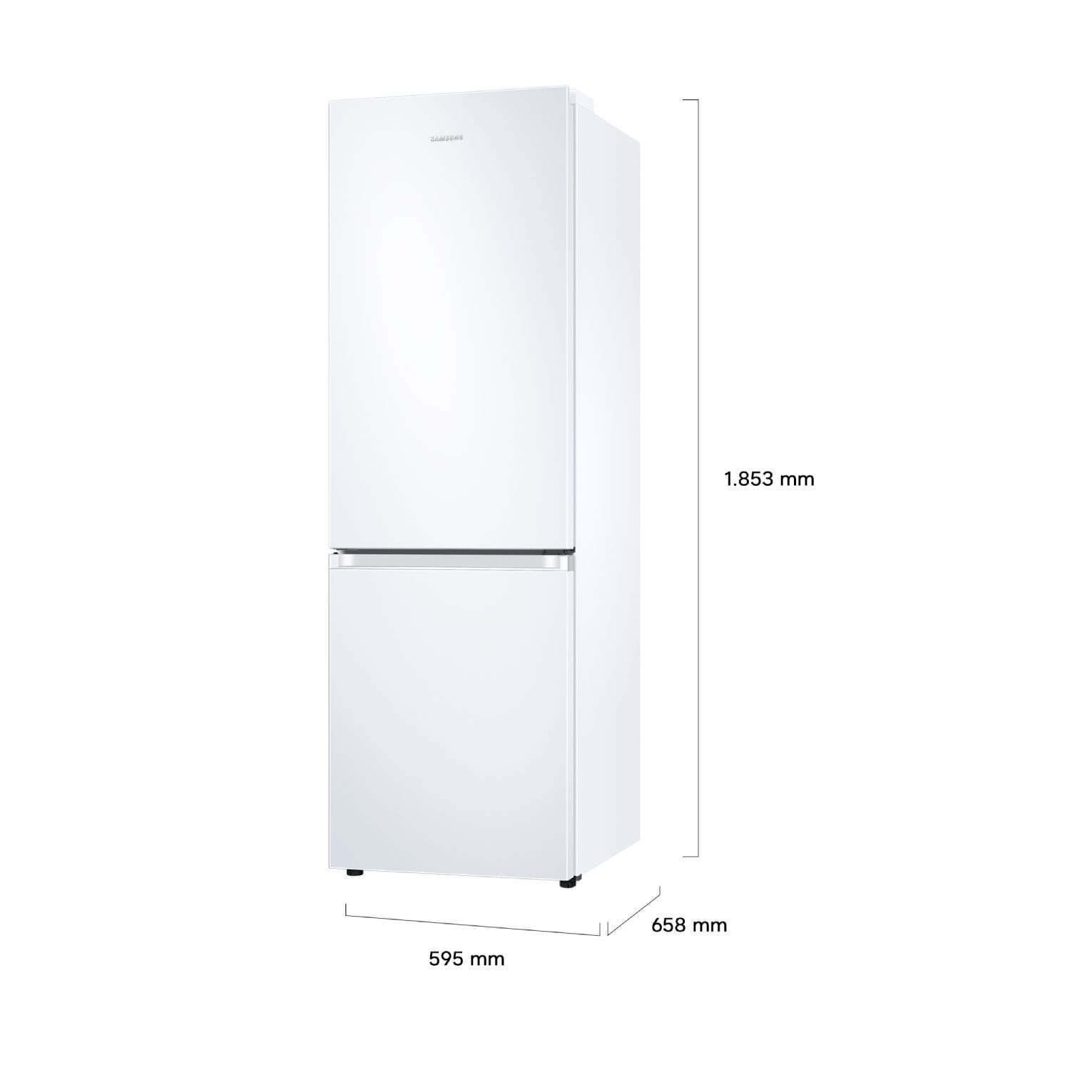 Un refrigerador Samsung blanco con dimensiones de 1.853 mm de alto, 595 mm de ancho y 658 mm de profundidad sobre fondo blanco.