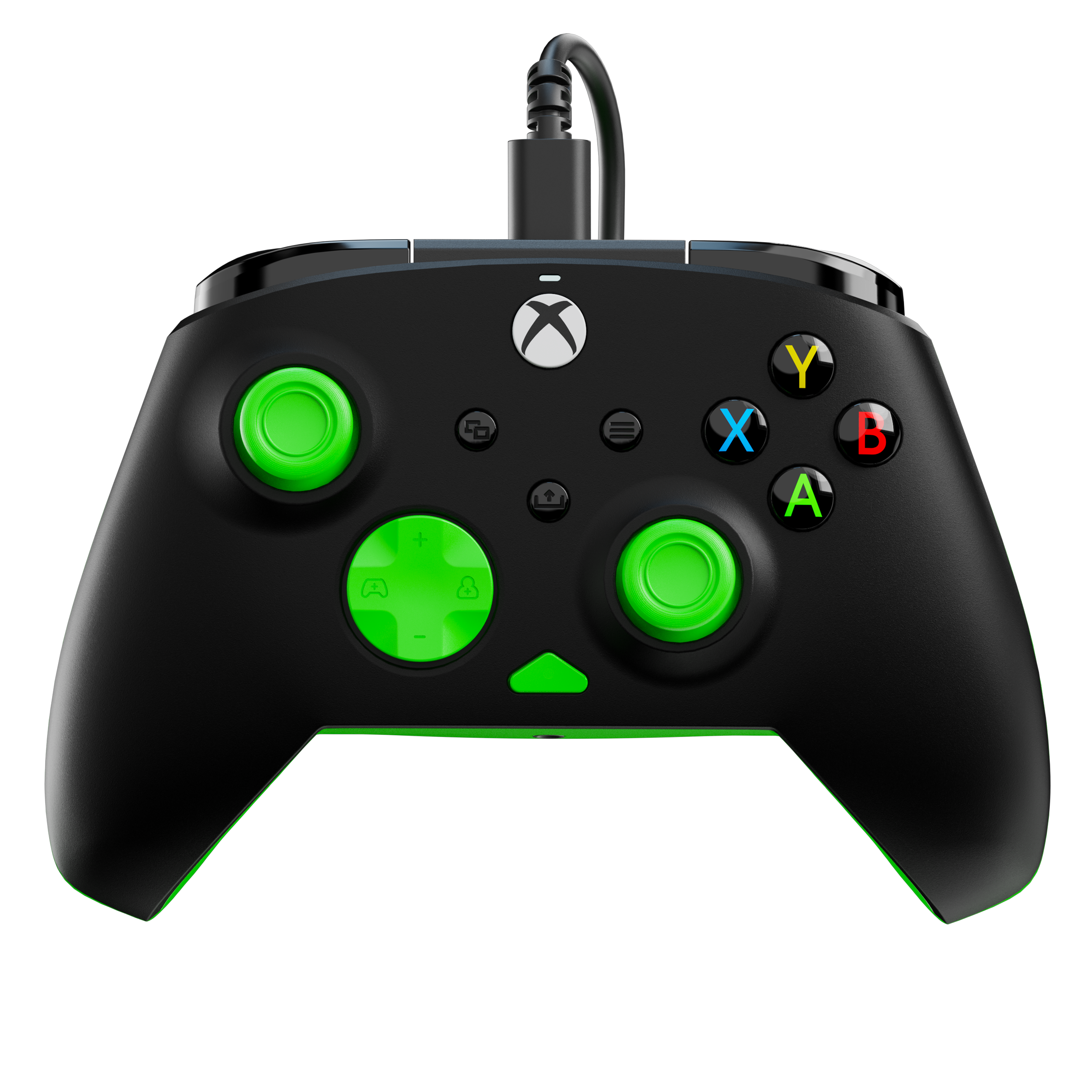Czarny kontroler Xbox z jasnozielonymi akcentami i podłączonym kablem na czarnym tle.