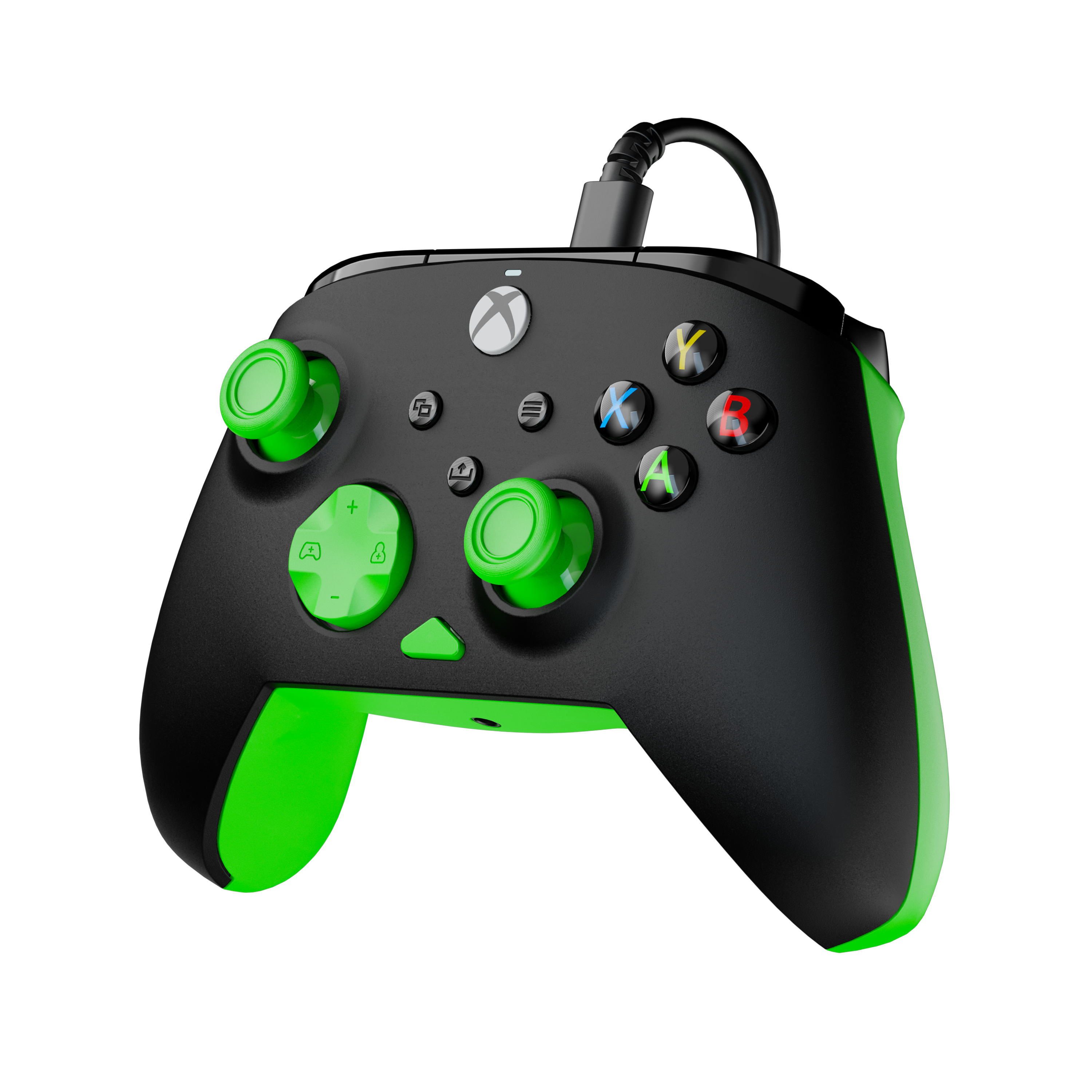 Czarny i żywo zielony przewodowy kontroler Xbox na jednolitym czarnym tle.
