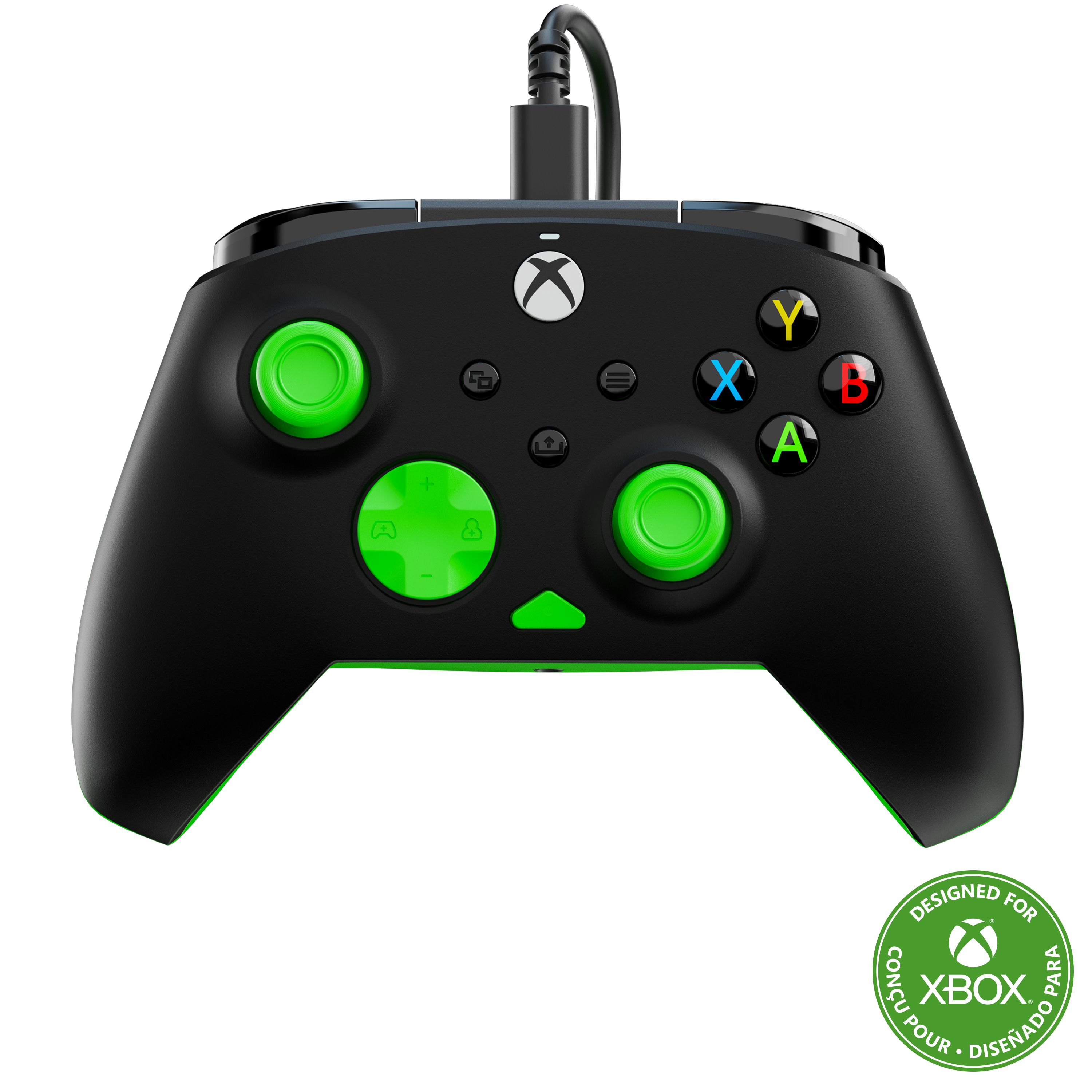 Czarny kontroler Xbox z żywo zielonymi analogami i przyciskami na ciemnym tle.