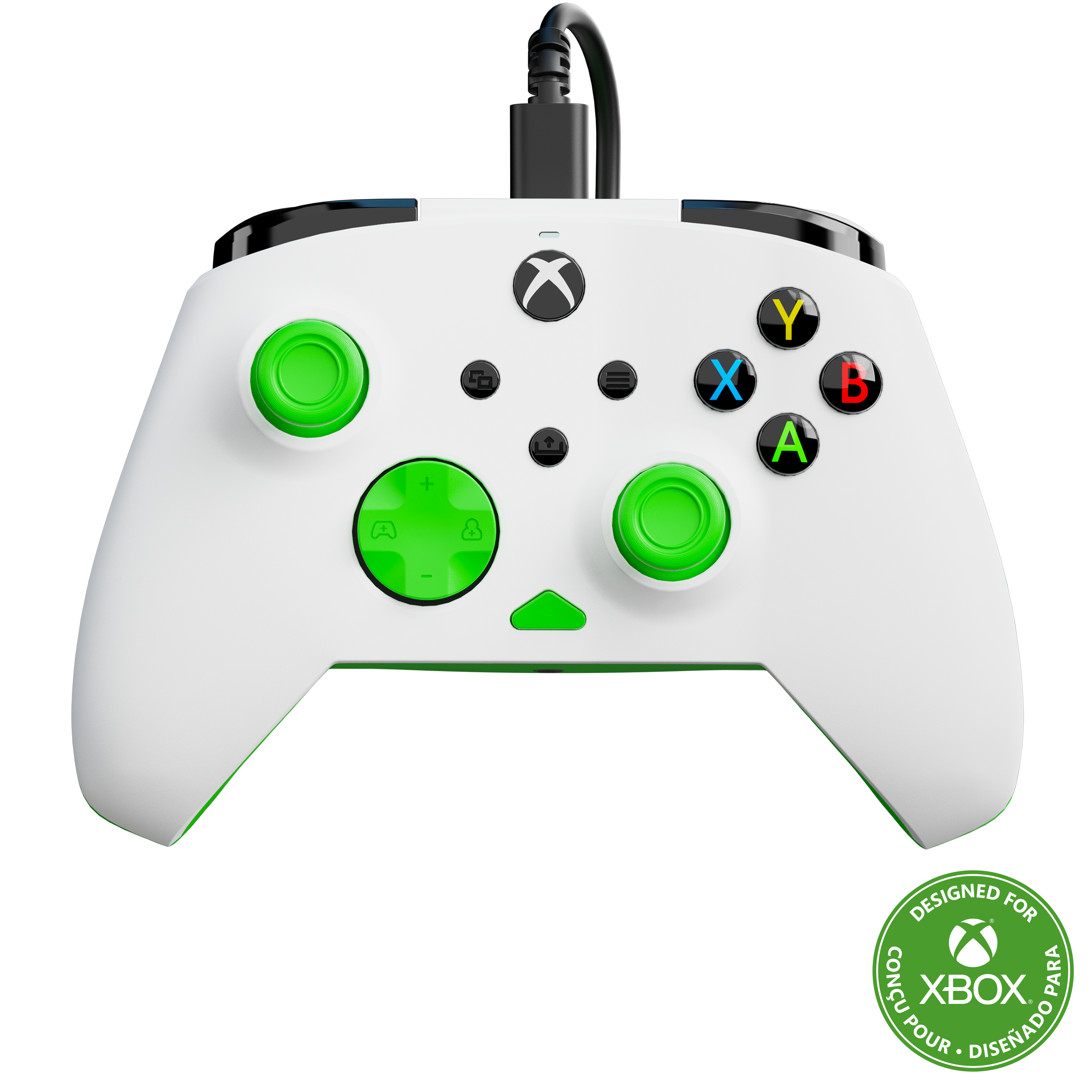 Biały kontroler Xbox z zielonymi akcentami, analogami i kolorowymi przyciskami na czarnym tle.