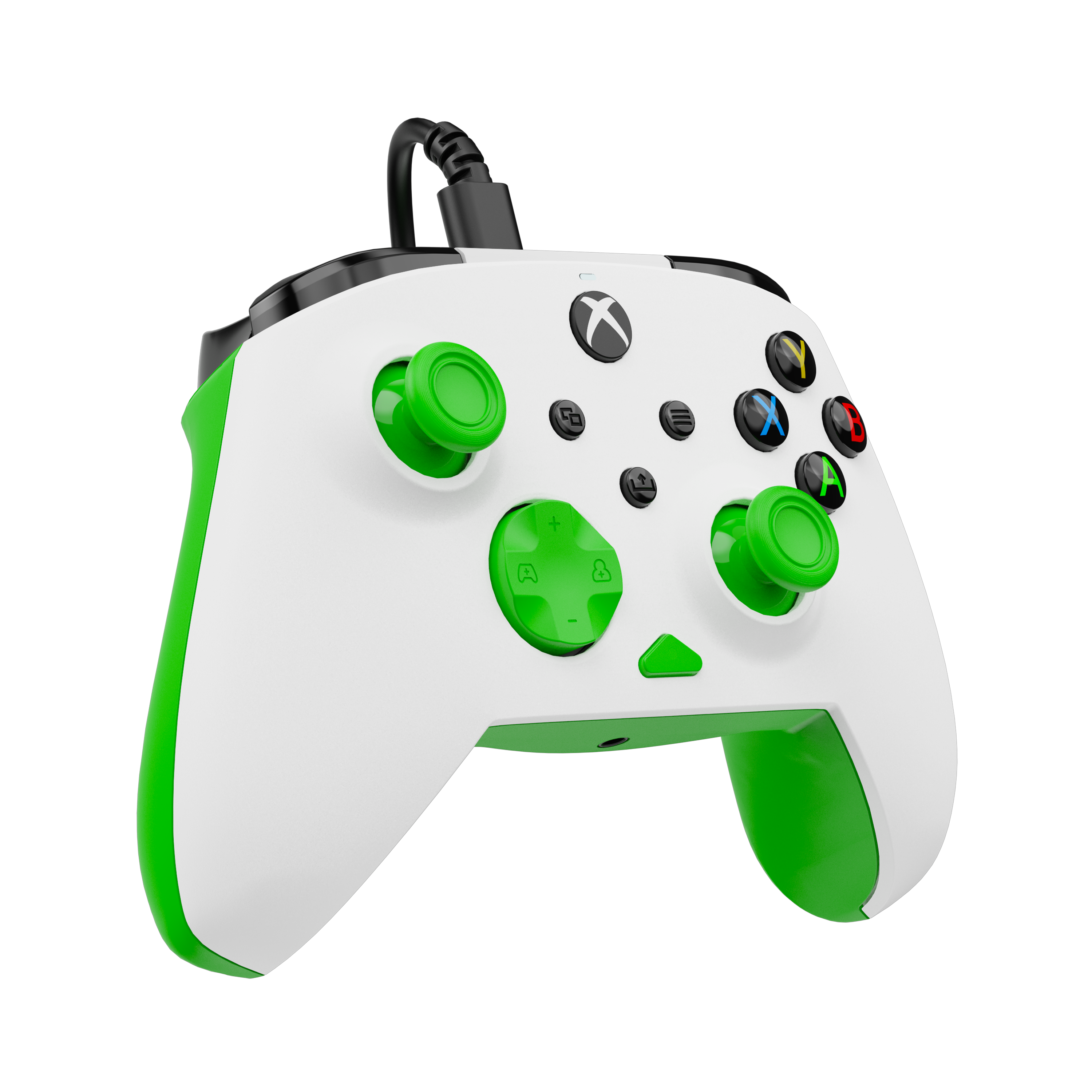 Biało-zielony kontroler Xbox z czarnym kablem i kolorowymi przyciskami na czarnym tle.