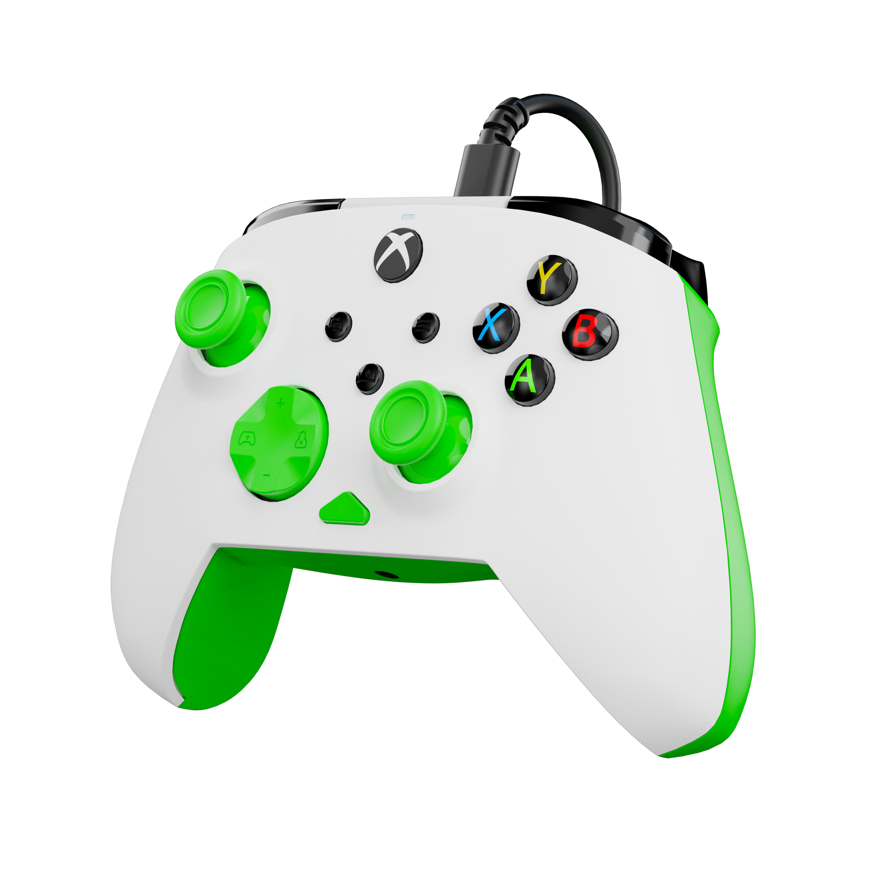 Białozielony kontroler Xbox z czarnym kablem i kolorowymi przyciskami na czarnym tle.