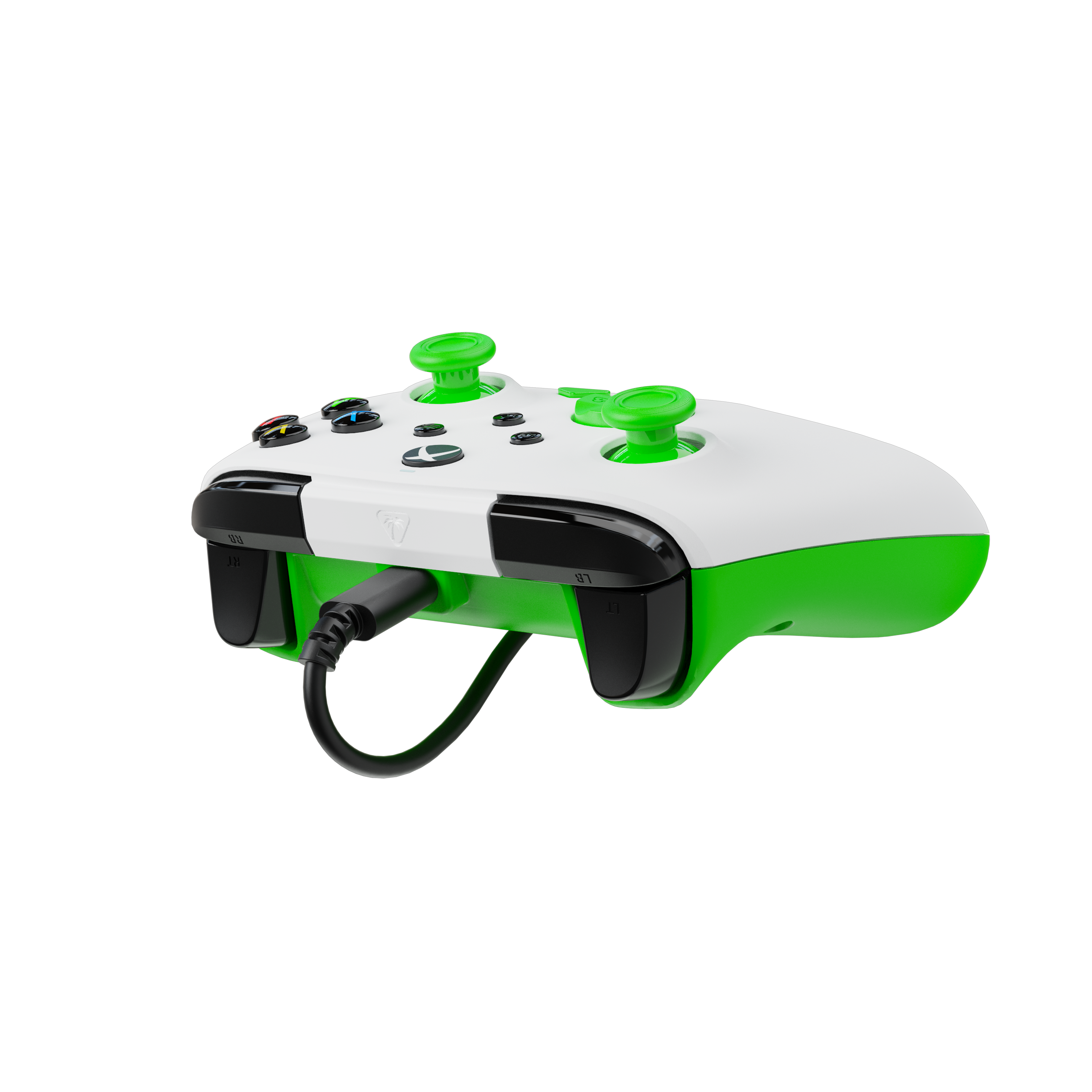 Biało-zielony gamepad z podłączonym czarnym kablem, na czarnym tle.