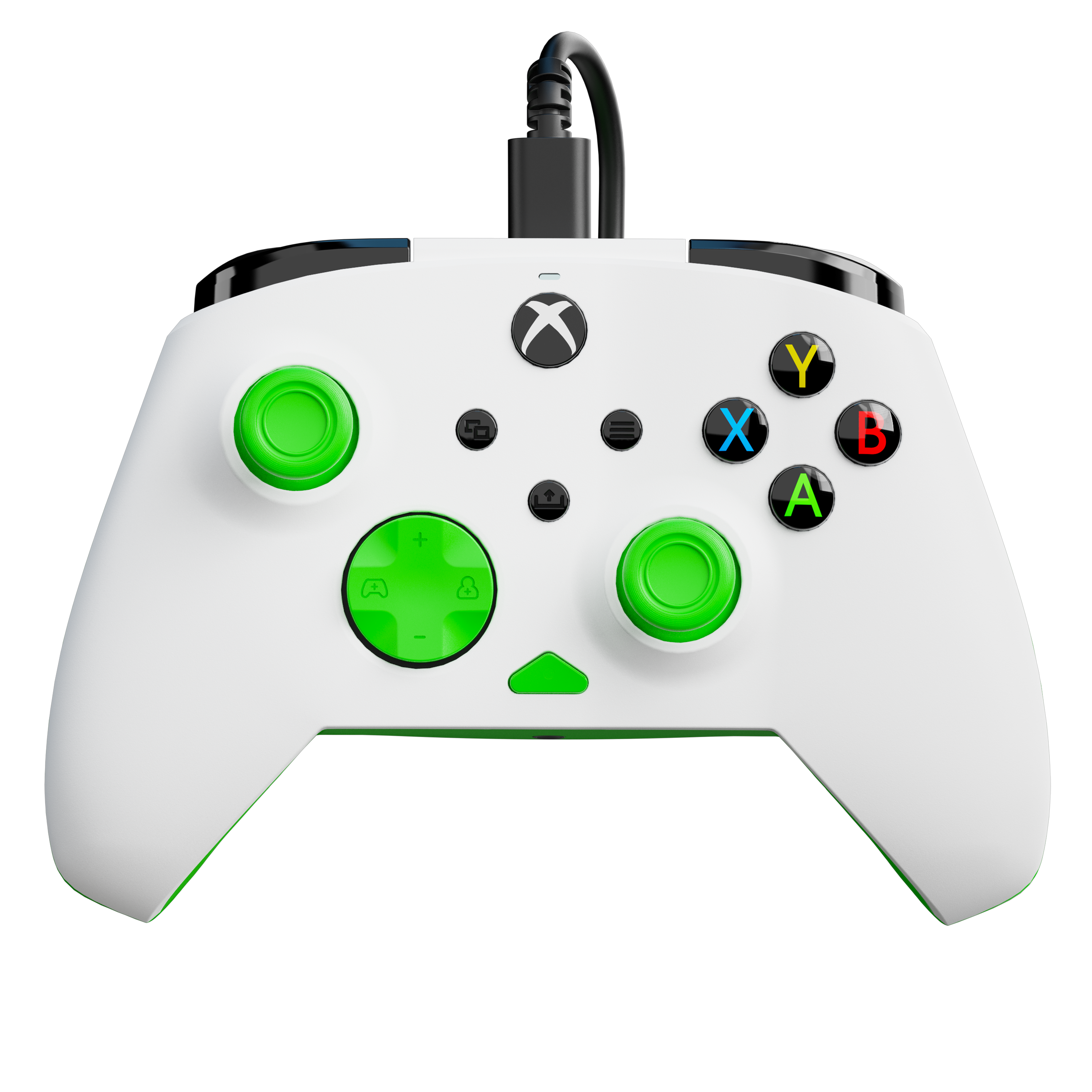 Biały kontroler Xbox z zielonymi akcentami, drążkami i kolorowymi przyciskami na czarnym tle.