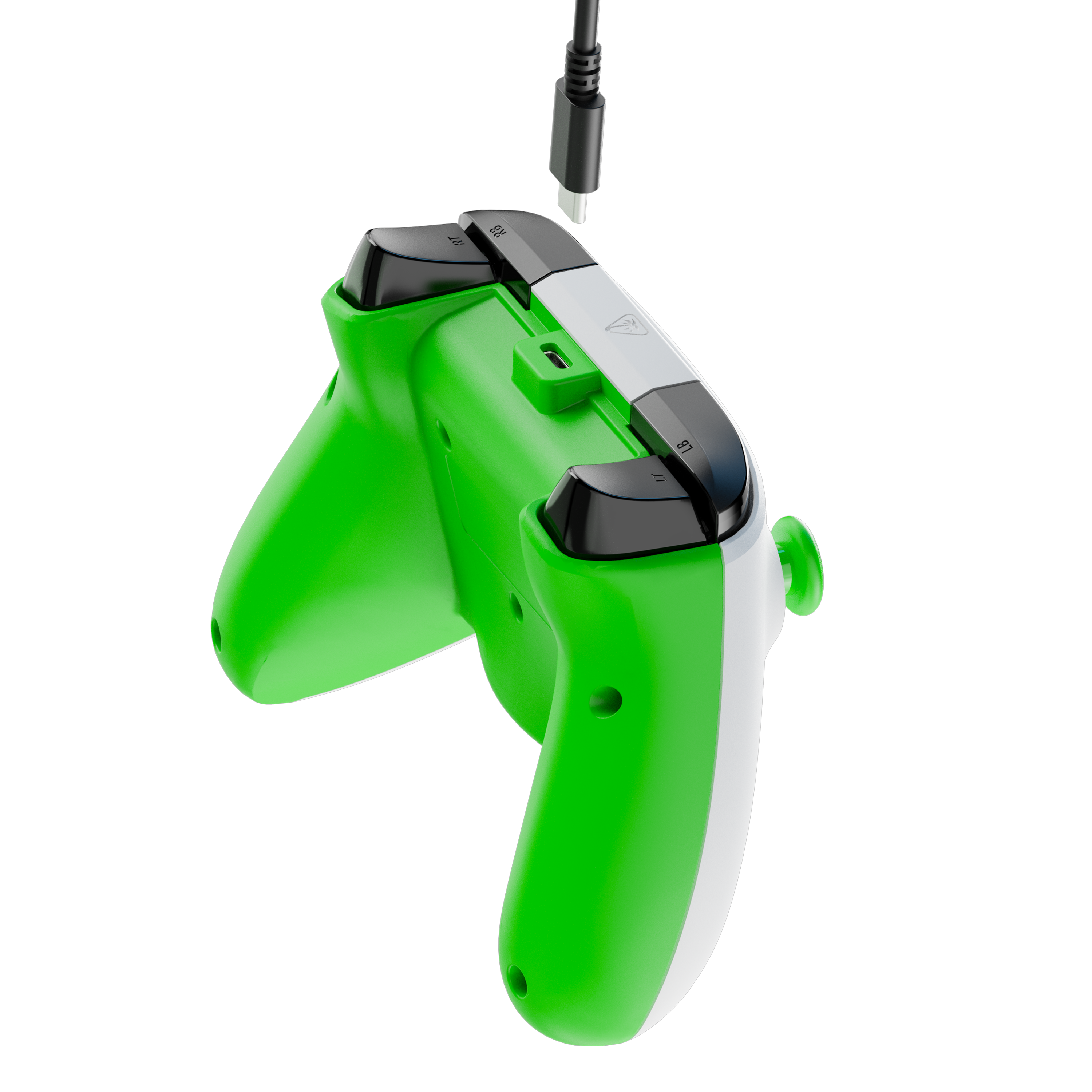 Zielono-biały kontroler Xbox z kablem USB-C powyżej na czarnym tle.