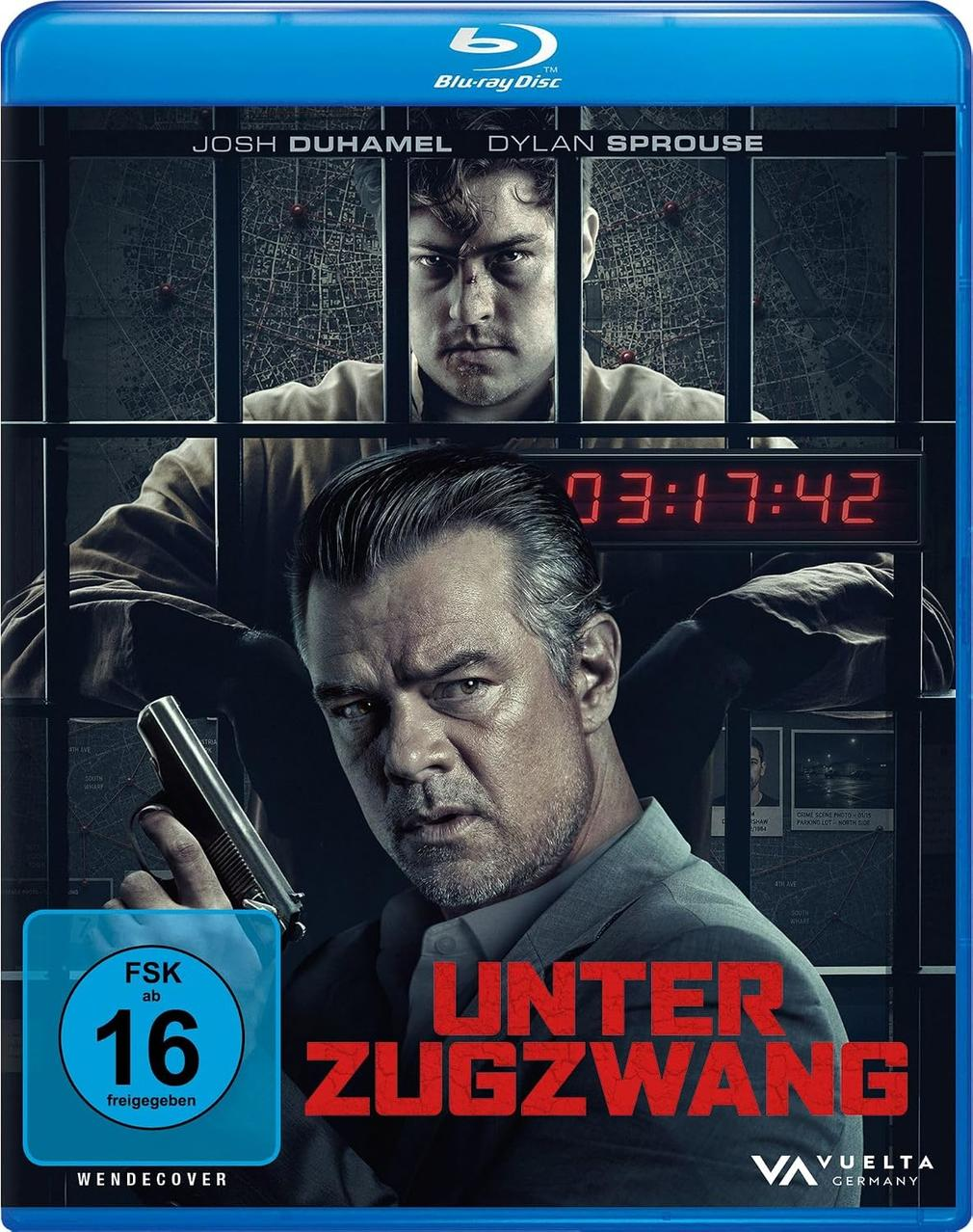 Blu-ray-Cover von 'Unter Zugzwang' mit Josh Duhamel und Dylan Sprouse vor Gefängnisgittern und einer Digitaluhr.