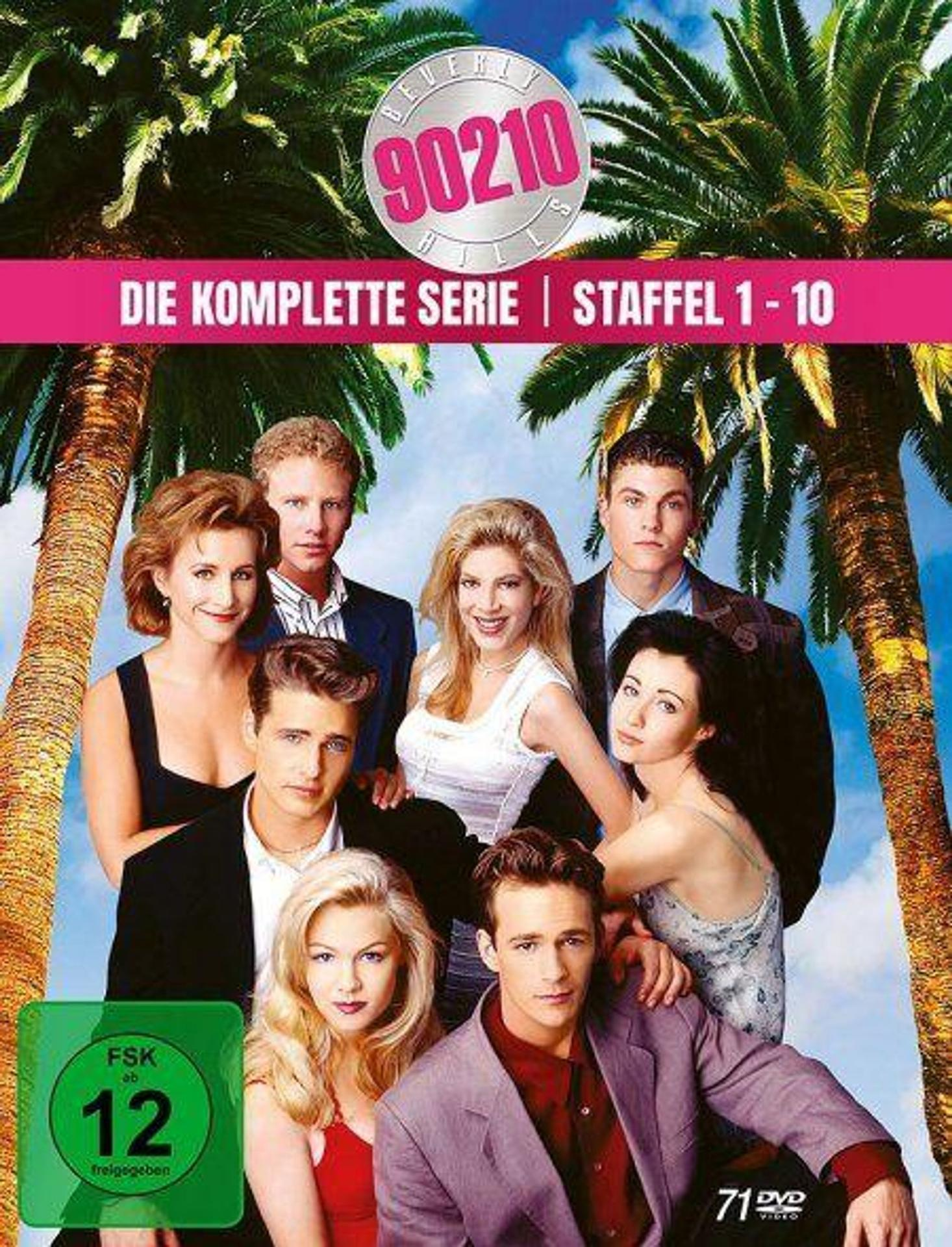 DVD-Cover von Beverly Hills 90210 mit Hauptdarstellern vor Palmenhintergrund.