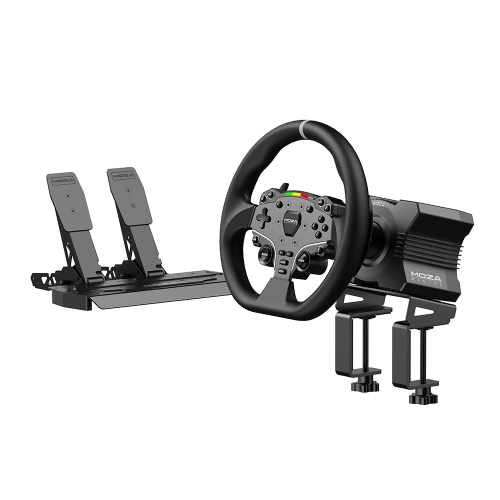 Ein schwarzes Rennsimulator-Lenkrad mit Tasten, einer Basis, Tischklemmen und zwei Metallpedalen.