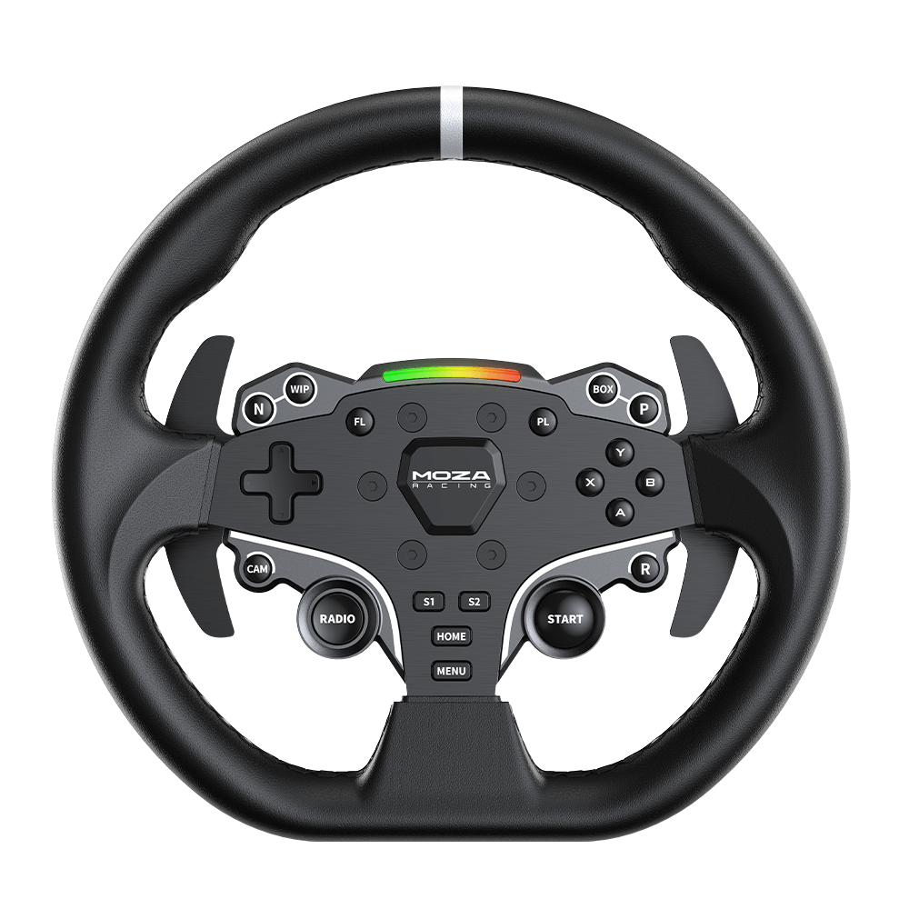 Ein schwarzes Moza Racing Lenkrad mit vielen Tasten, bunten LEDs oben und Schaltwippen.