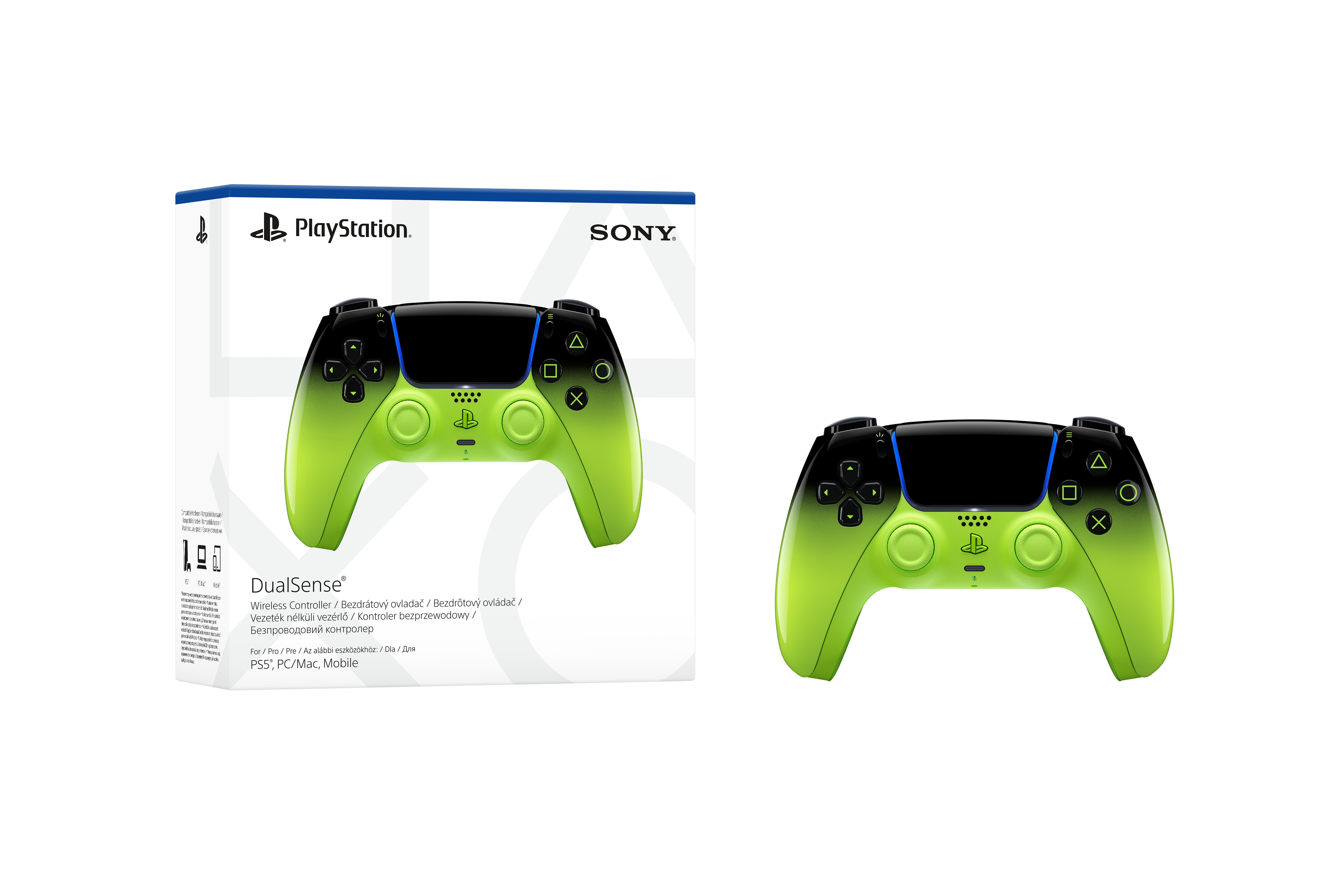 Zielono-czarny kontroler PlayStation 5 DualSense z opakowaniem.