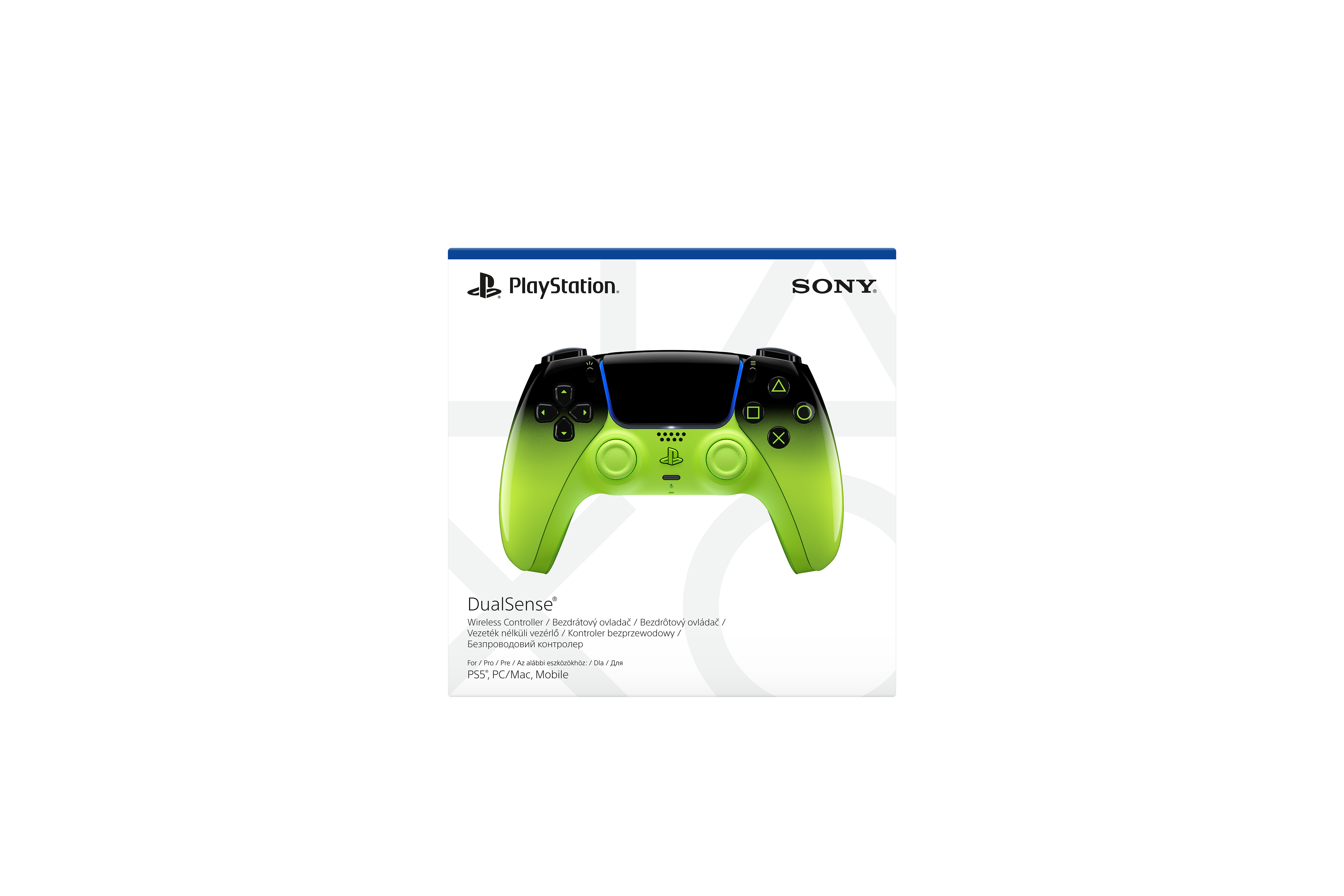 Bezprzewodowy kontroler PlayStation DualSense w toksycznym zielonym kolorze w oryginalnym opakowaniu.