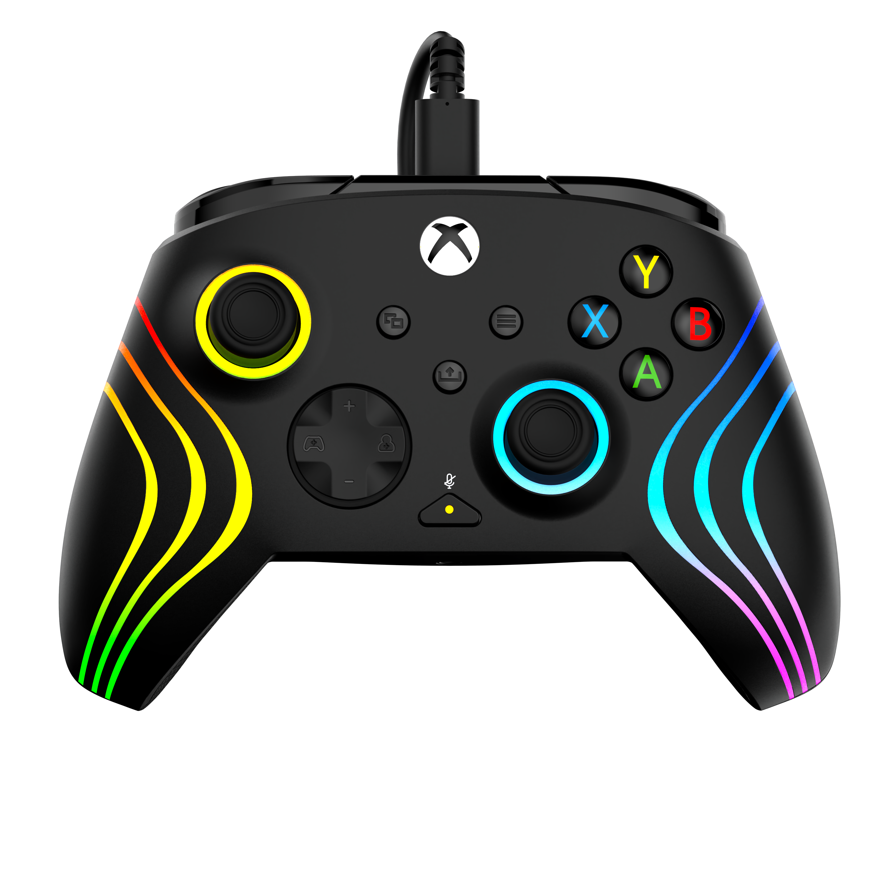 Czarny kontroler Xbox z kolorowymi diodami LED, wielobarwnymi przyciskami i podłączonym kablem.
