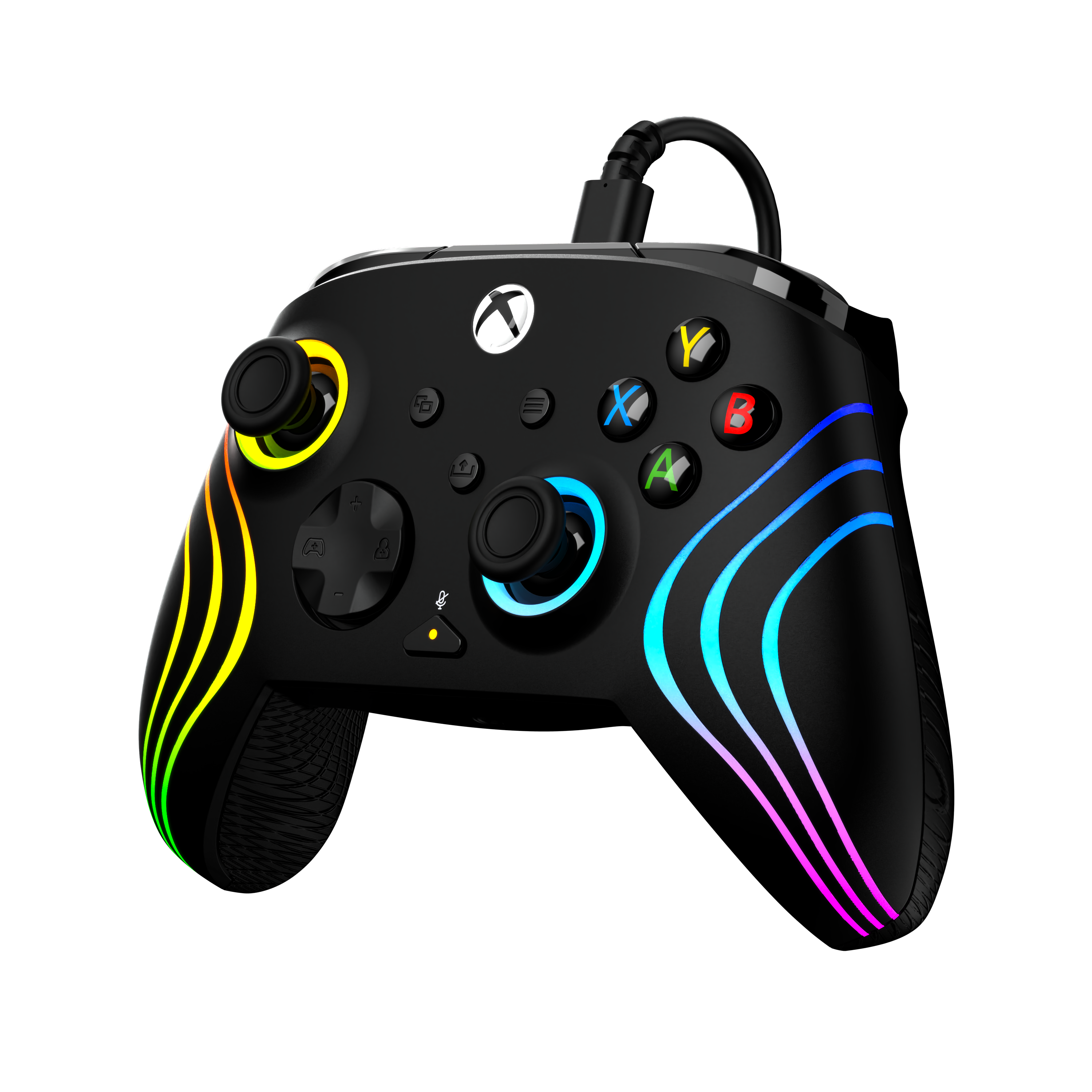 Czarny kontroler Xbox z kolorowymi, świecącymi paskami na uchwytach i barwnymi pierścieniami wokół drążków.