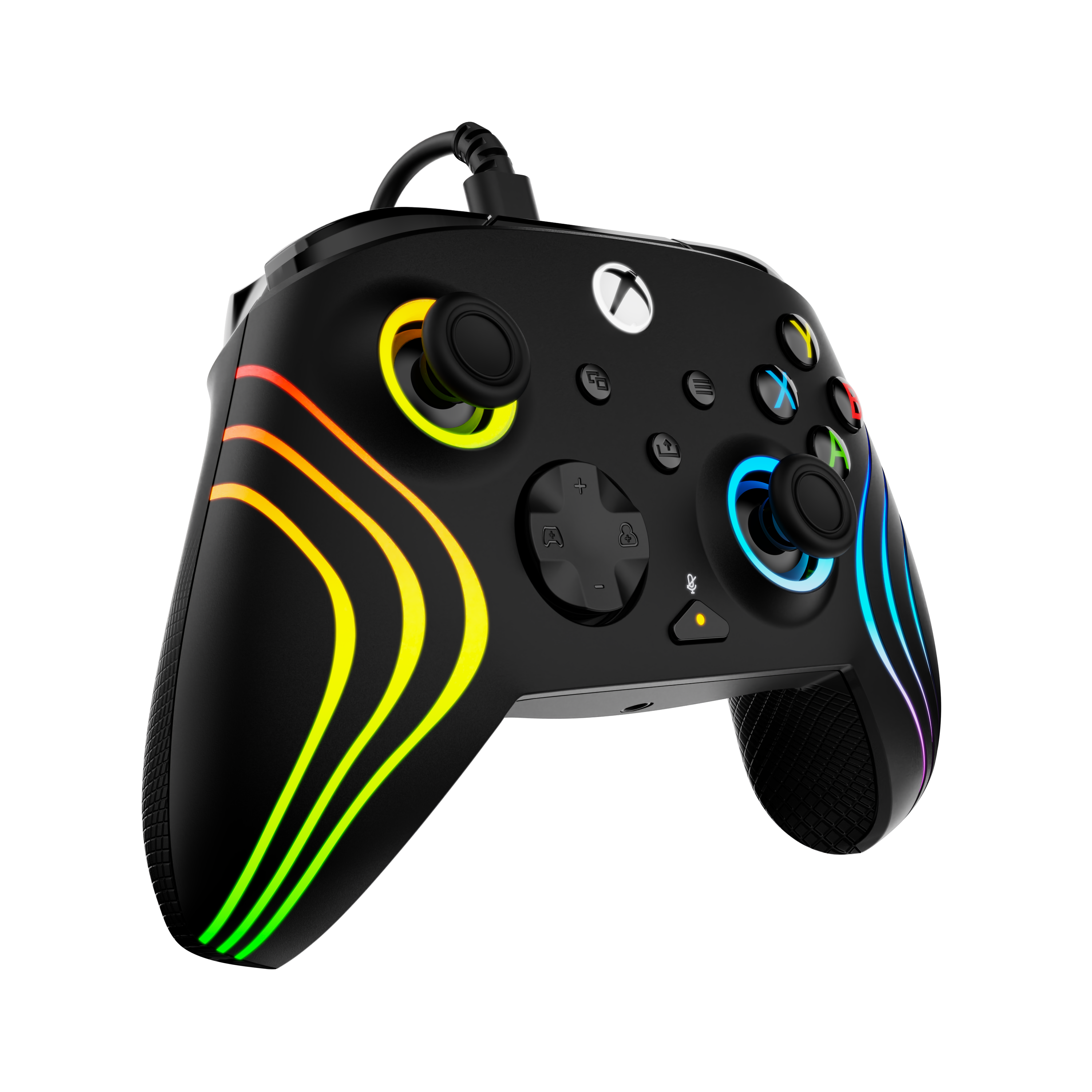 Czarny kontroler Xbox z kolorowymi paskami świetlnymi RGB i przewodowym połączeniem na czarnym tle.
