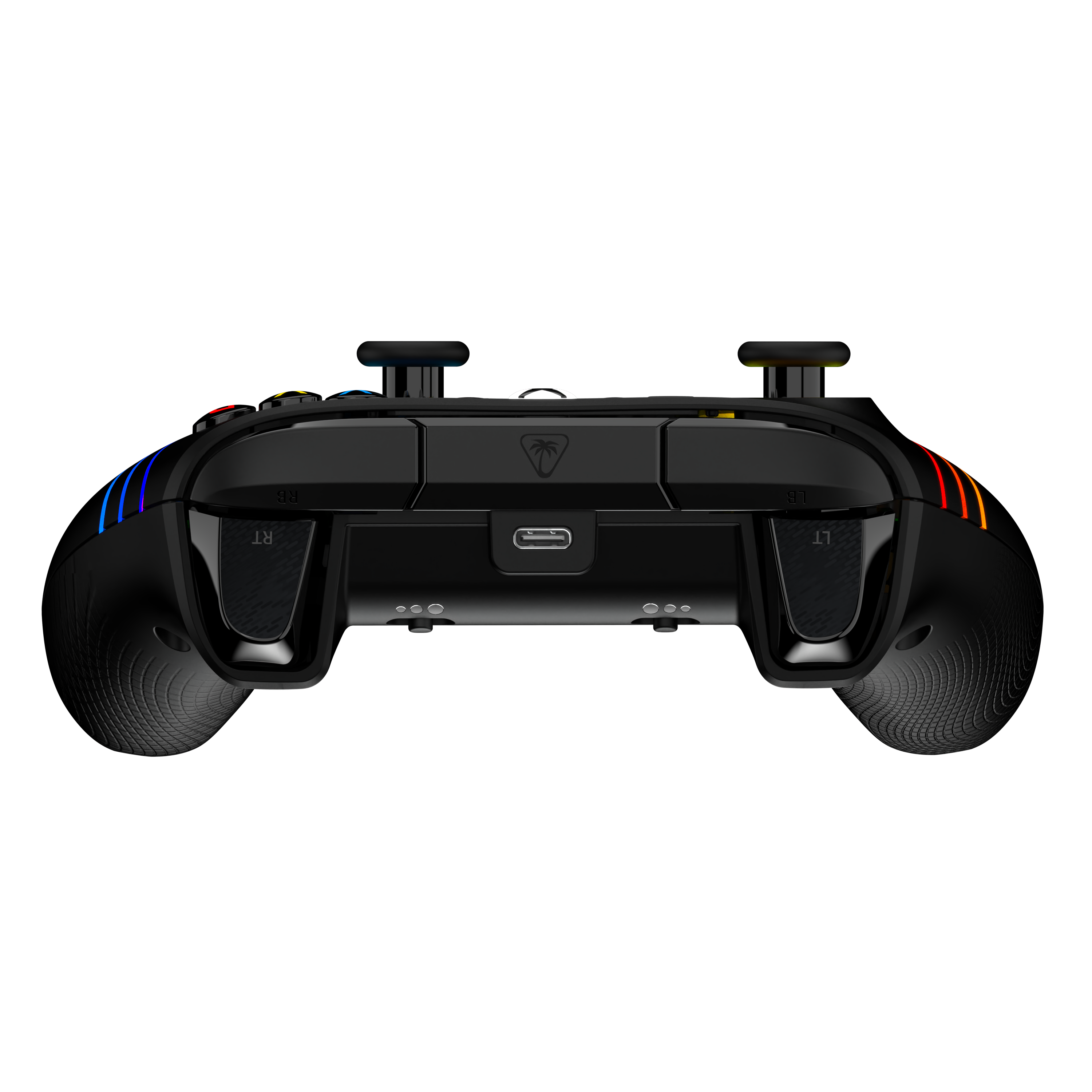Tył czarnego kontrolera z portem USB-C, teksturowanymi uchwytami i kolorowym oświetleniem RGB.