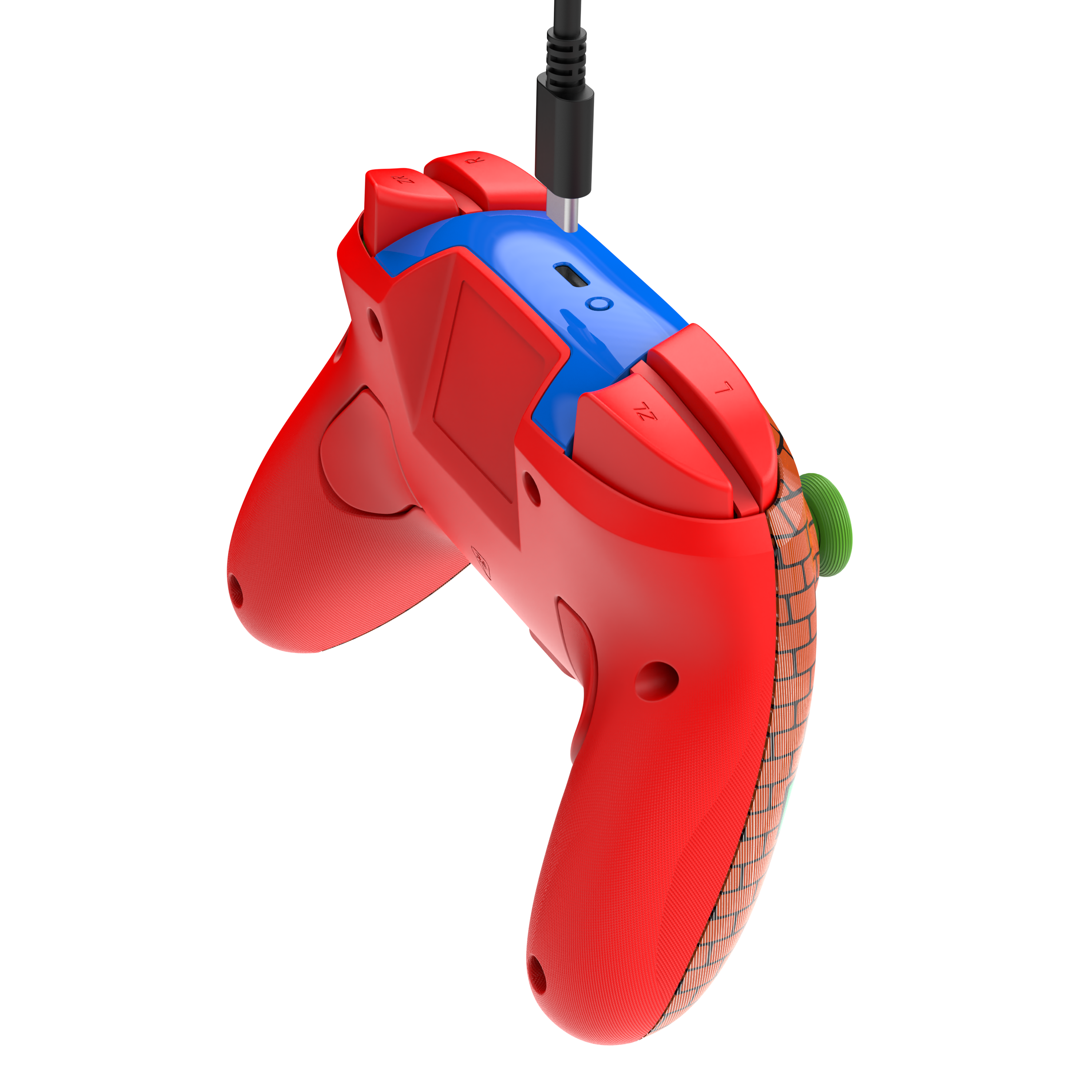 Czerwono-niebieski kontroler do gier z kablem USB-C wpiętym od góry na czarnym tle.