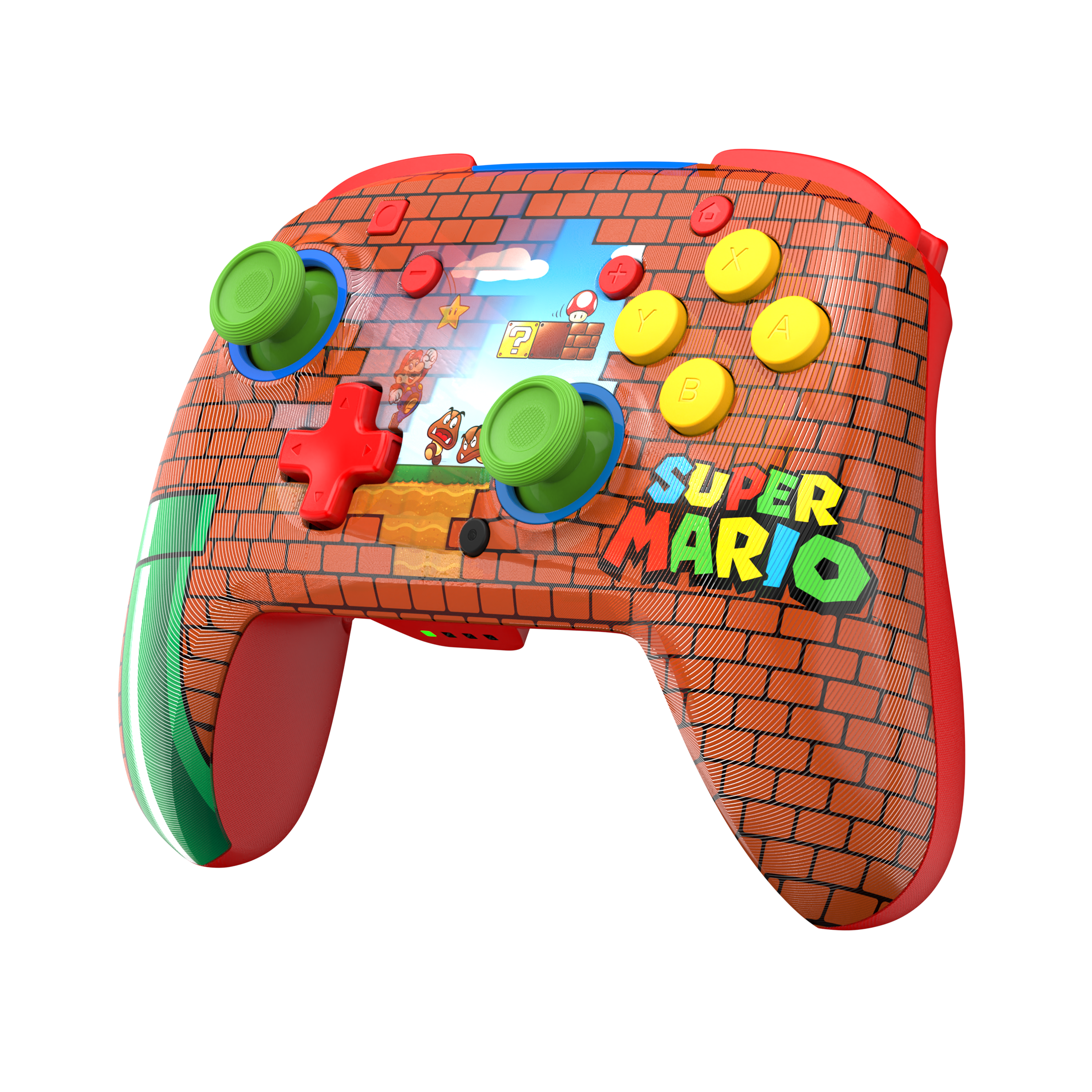 Kontroler w motywie Super Mario z ceglastym wzorem, żółtymi przyciskami i zielonymi gałkami na czarnym tle.