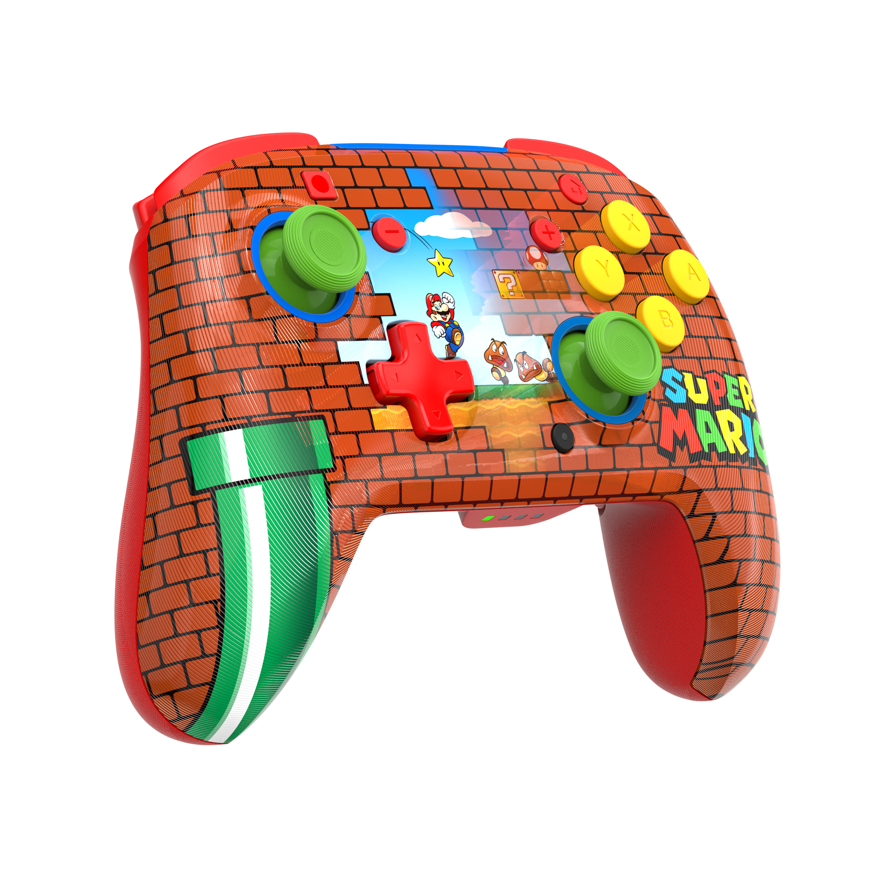 Kontroler do gier z motywem Super Mario z ceglastym wzorem, zieloną rurą i żółtymi przyciskami na czarnym tle.