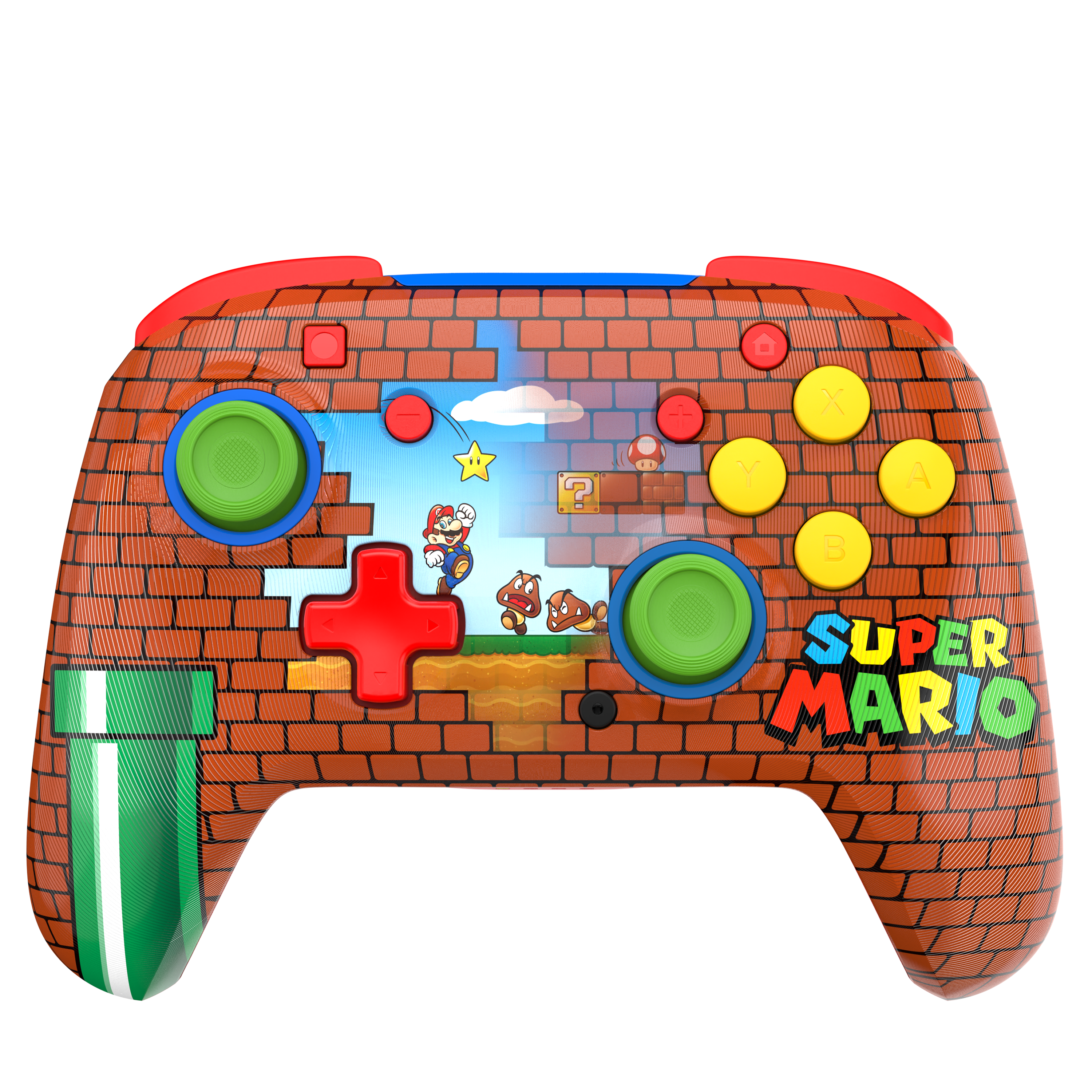 Kontroler Super Mario ma motyw cegły, grafikę Mario, żółte przyciski akcji i zielone drążki.